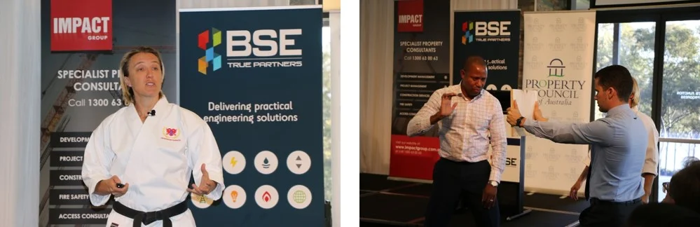 Images: Nadine Champion addressing the delegates and BSE's Godfrey Frederick showing his 10 seconds of courage. 