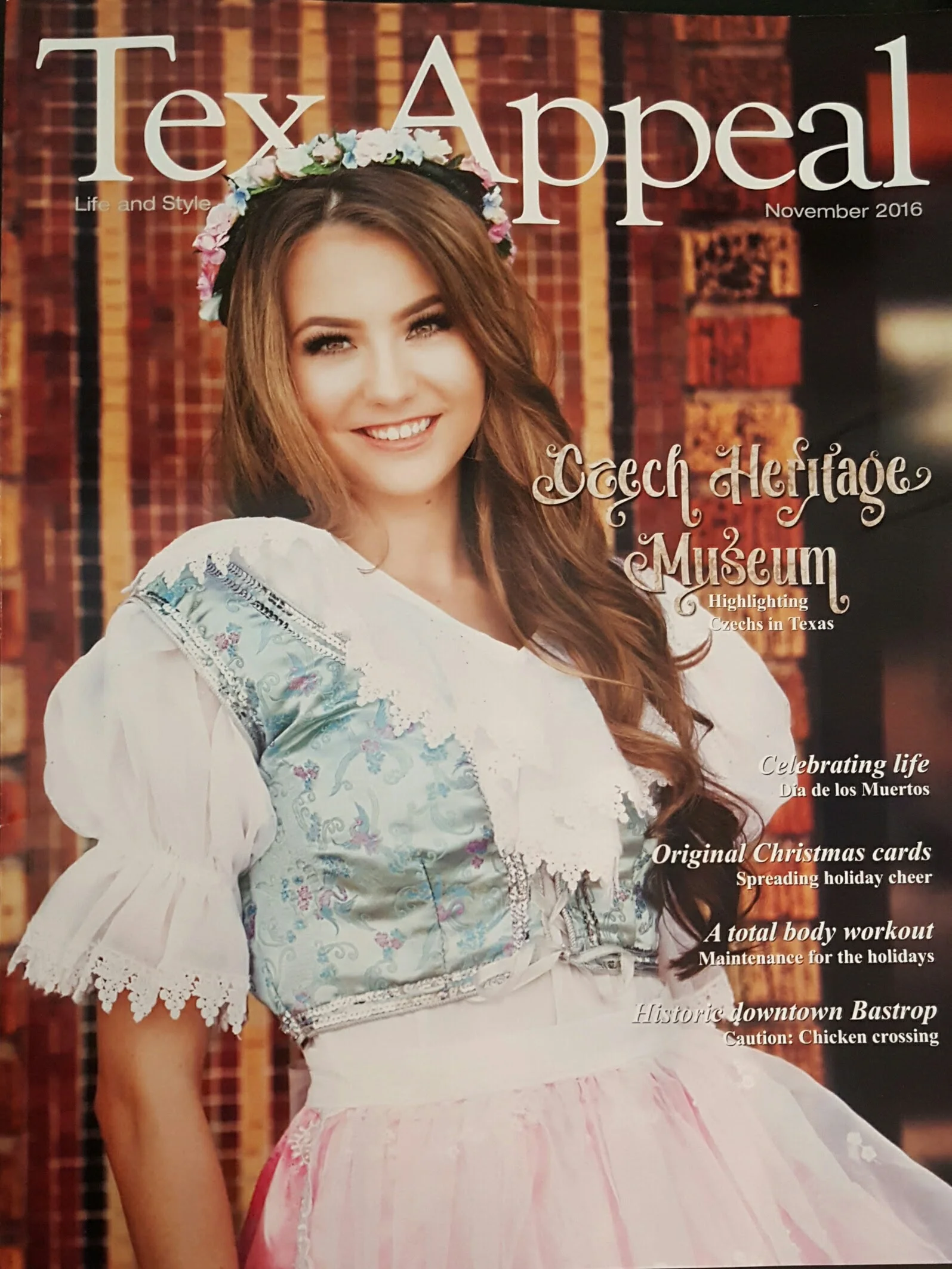Julia Zavodny models a traditional Czech kroj for the cover of Tex Appeal magazine. 