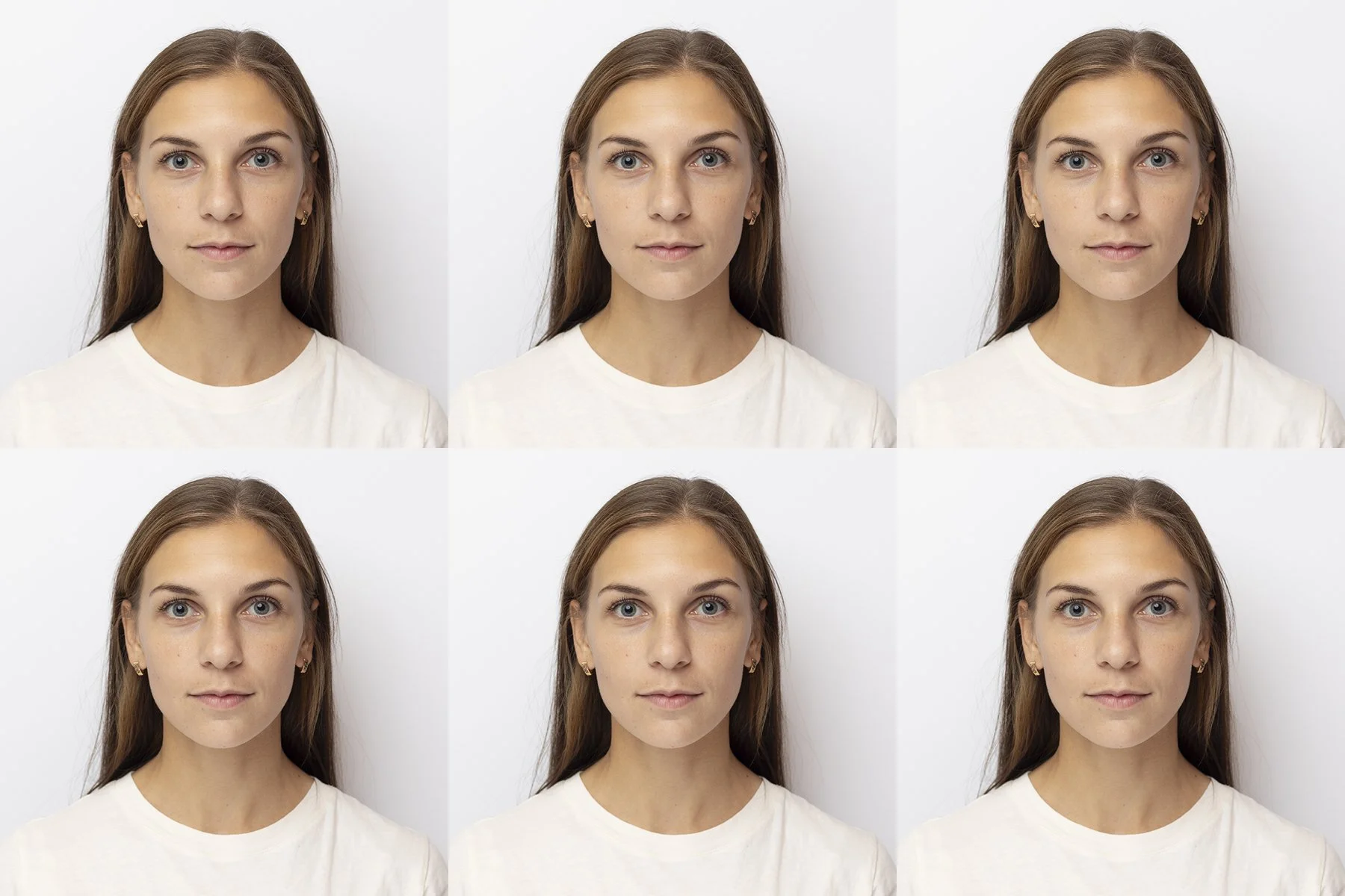 A collage of six photos of a young woman with long brown hair, blue eyes, and earrings, wearing a white t-shirt, posing against a plain white background.