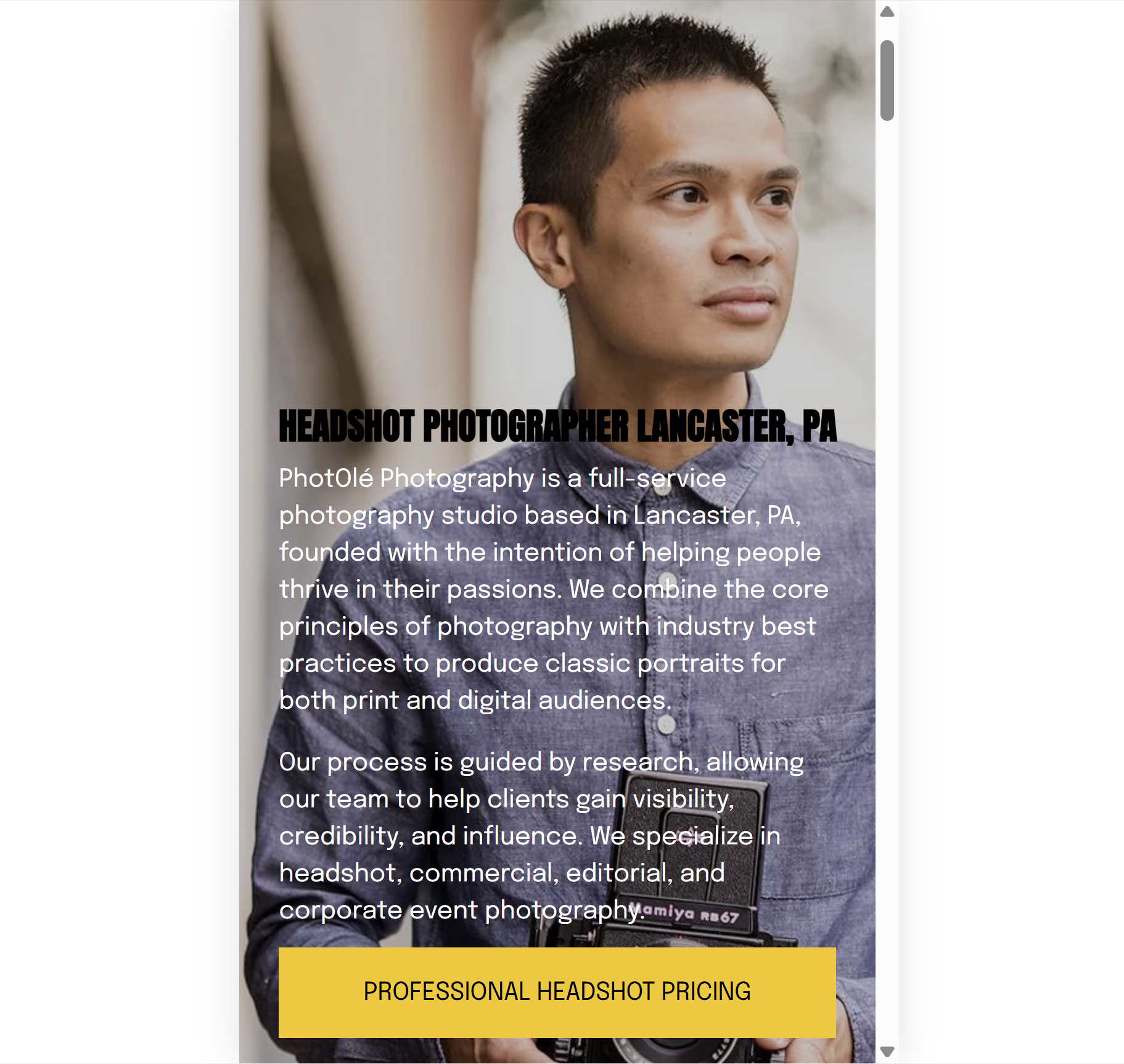 A man holding a professional camera, with a background of an outdoor scene, advertising headshot photography services in Lancaster, PA