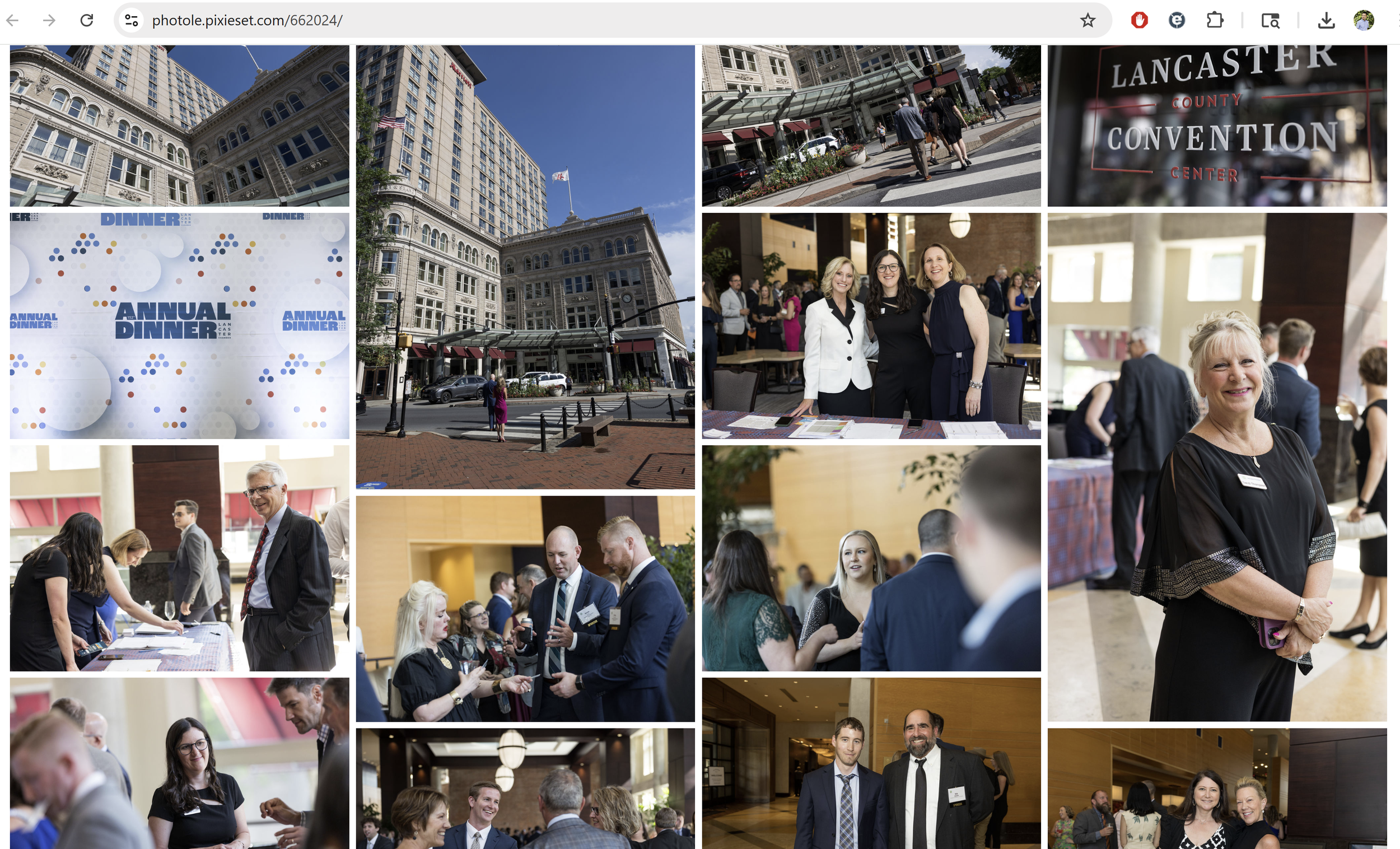 Photos from a conference event in downtown Lancaster, including city buildings, people walking outside, and attendees mingling inside and outside the Lancaster County Convention Center.