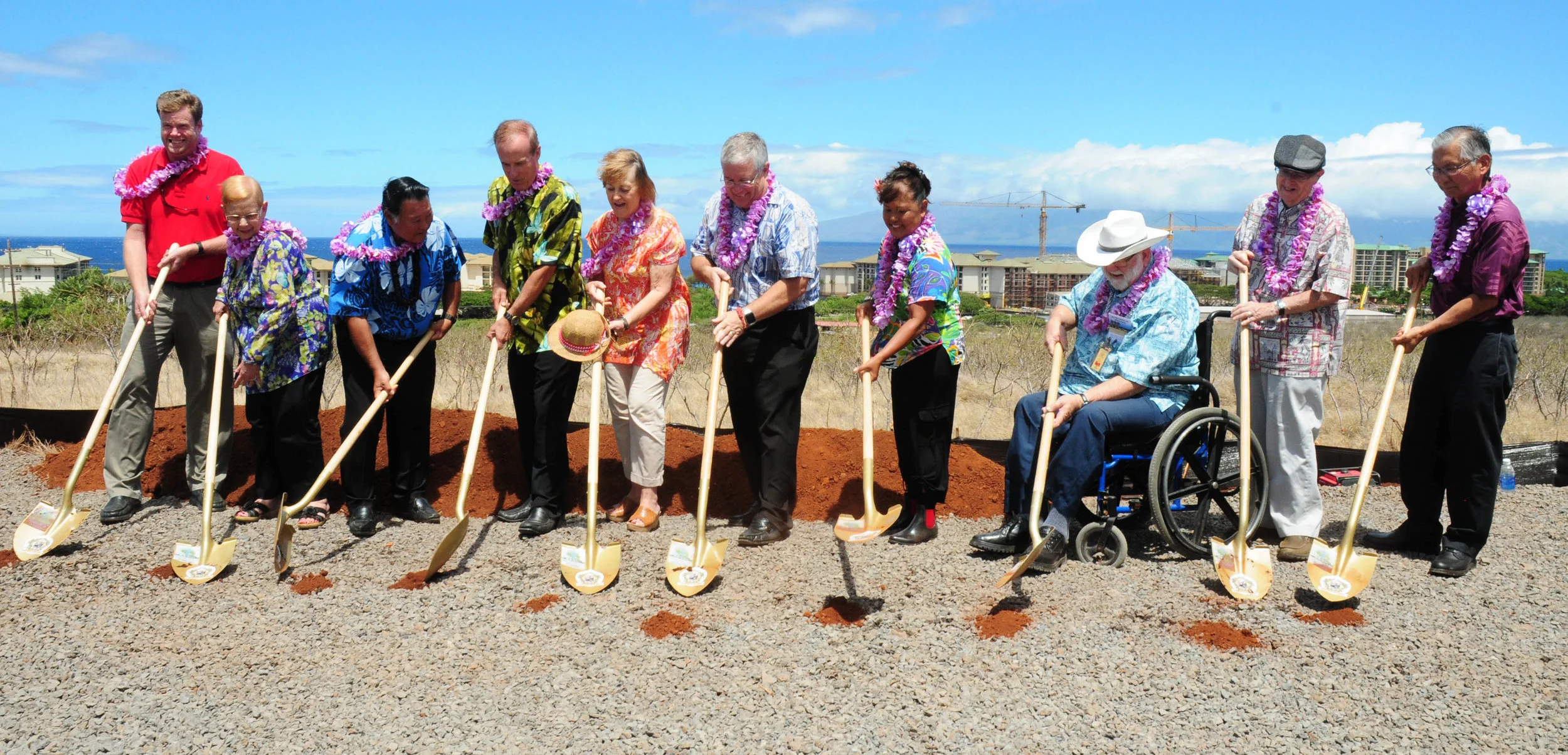 Elected officials and key project personnel break ground for the West Maui Hospital and Medical Center. Pictured, from left, are: State Rep. Angus McKelvey; County Councilmember Gladys Baisa; Mayor Alan Arakawa; Newport Hospital Corporation President Brian Hoyle; State Sen. Roz Baker; Councilmembers Don Couch, Elle Cochran and Bob Carroll; and West Maui Hospital Foundation Board Members Dr. Alfred Arensdorf and Howard Hanzawa.