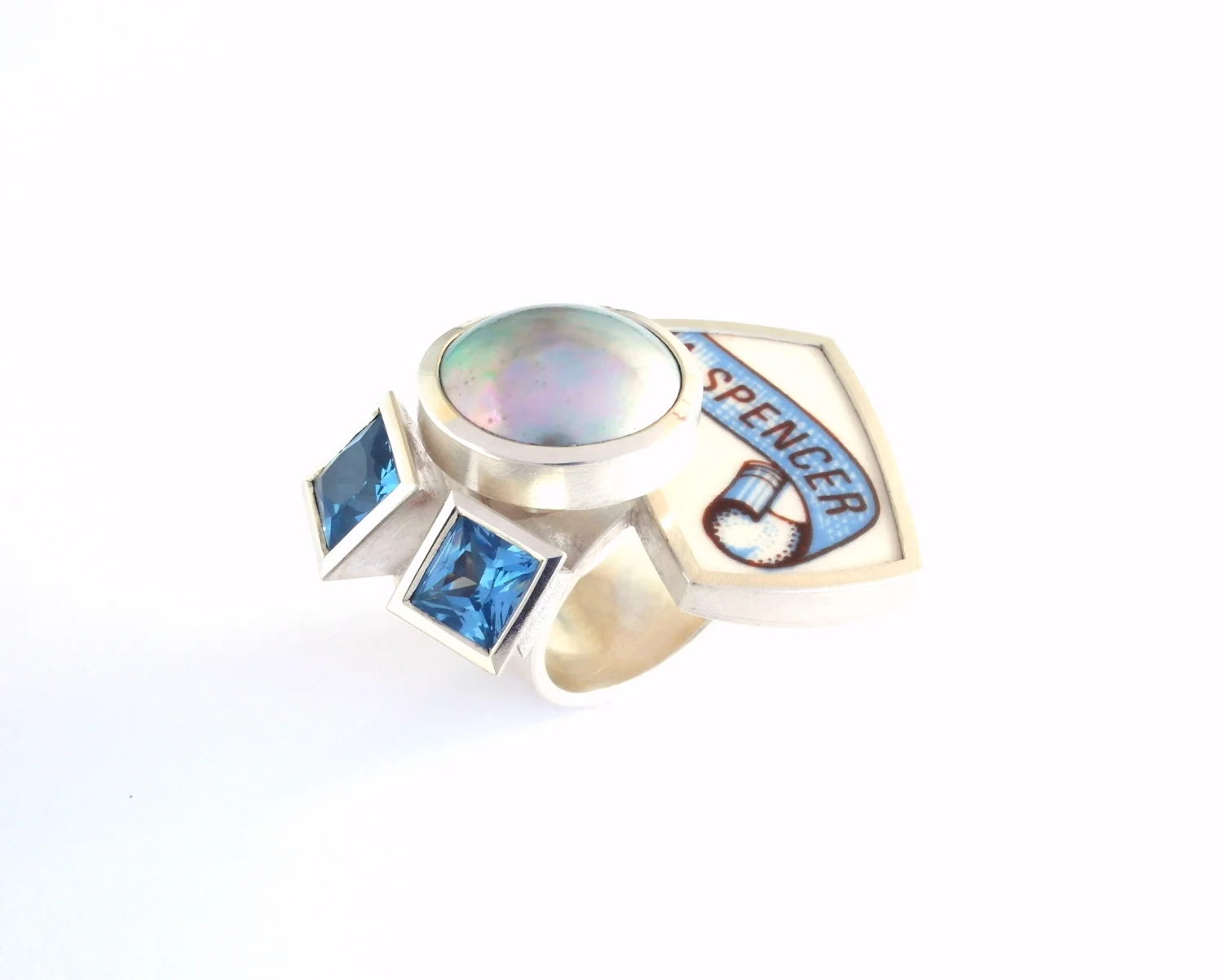  M721 Ring by Marcus Foley 2014 - 925 silver, MAPA pearl, synthetic sapphire, reclaimed ceramic (in stock) 