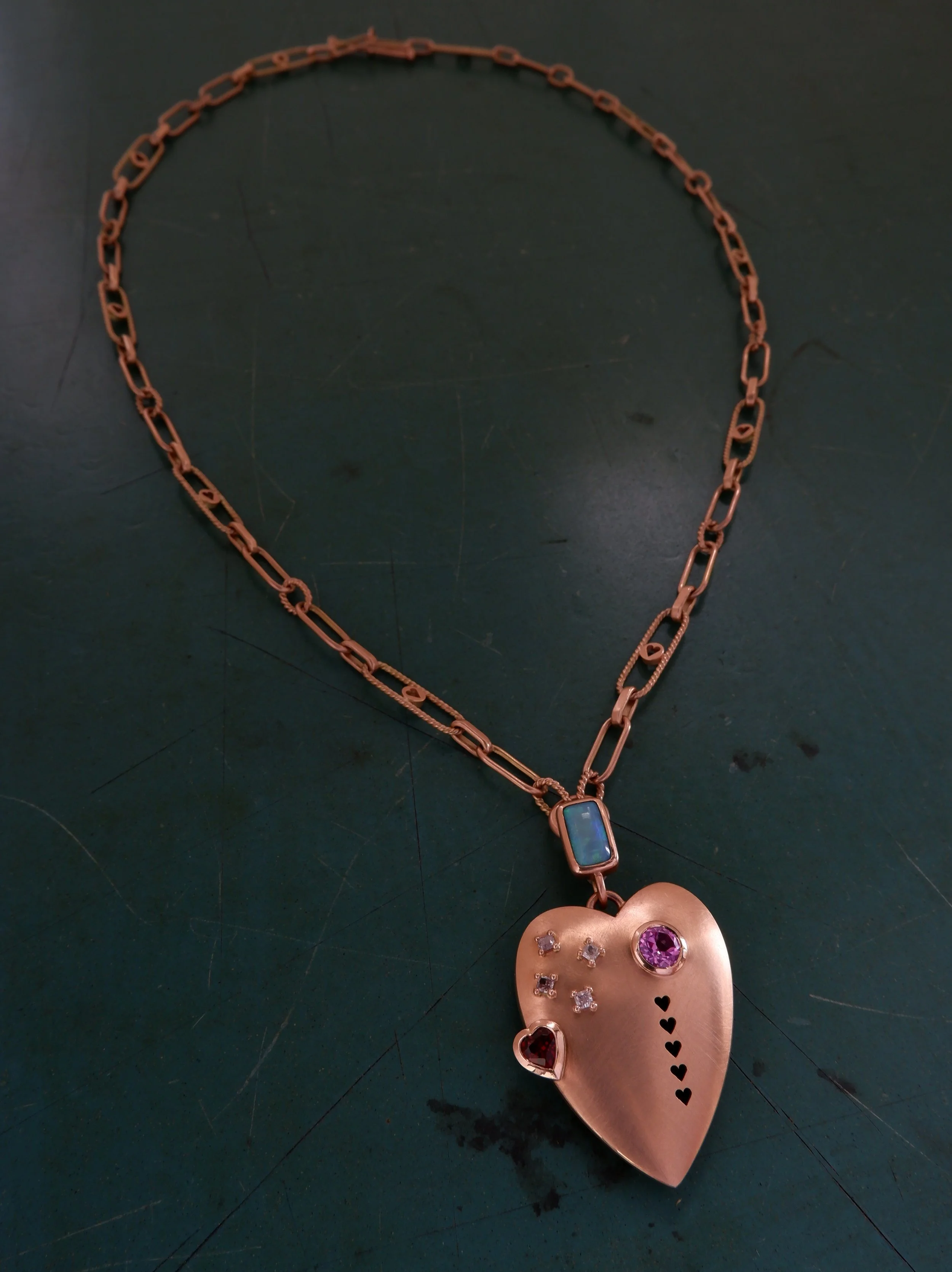 Commission - 9ct rose gold, opal, diamonds, garnet, synthetic sapphire