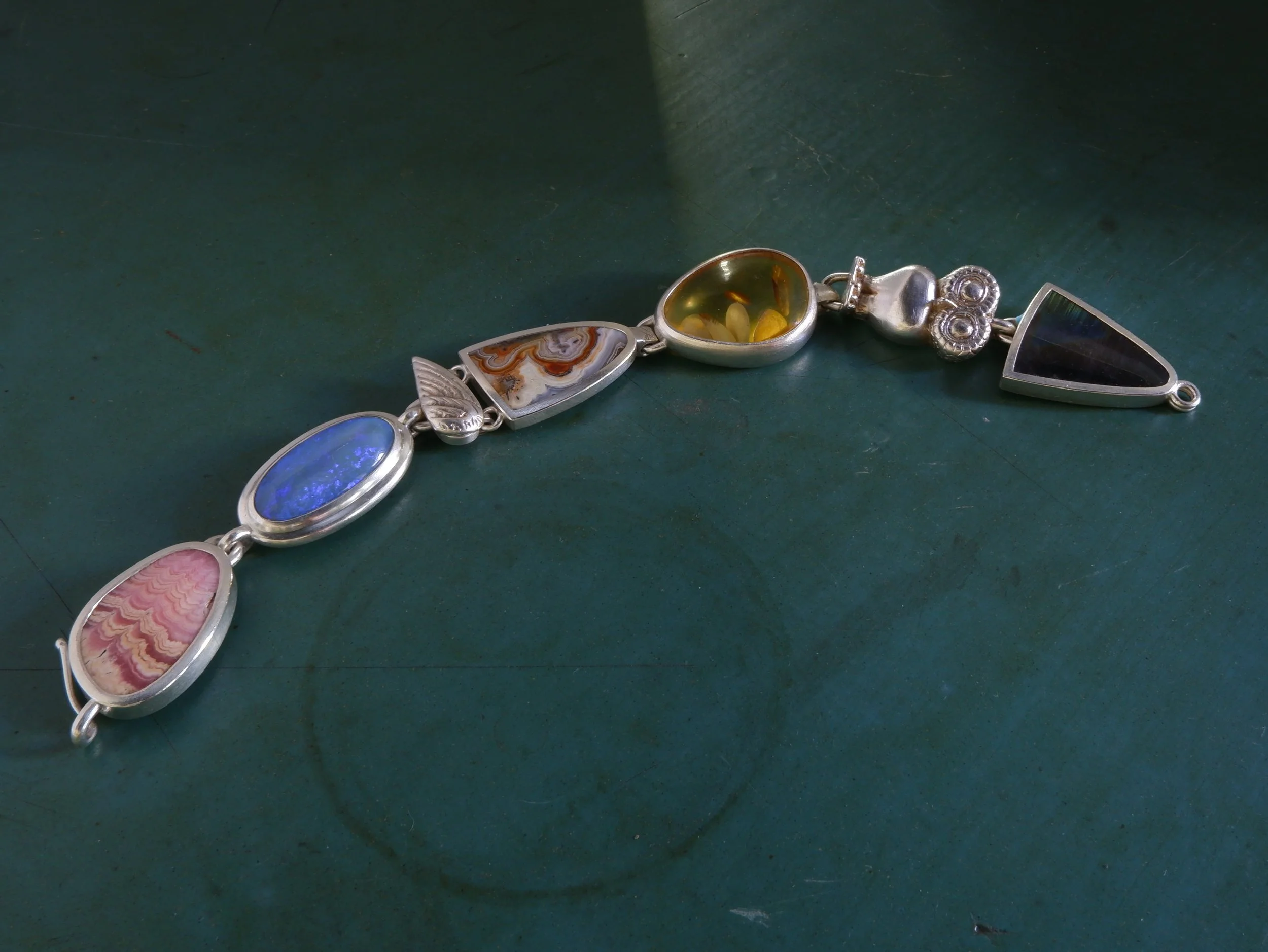 Bracelet remake sterling silver, labradorite, amber, agate, opal