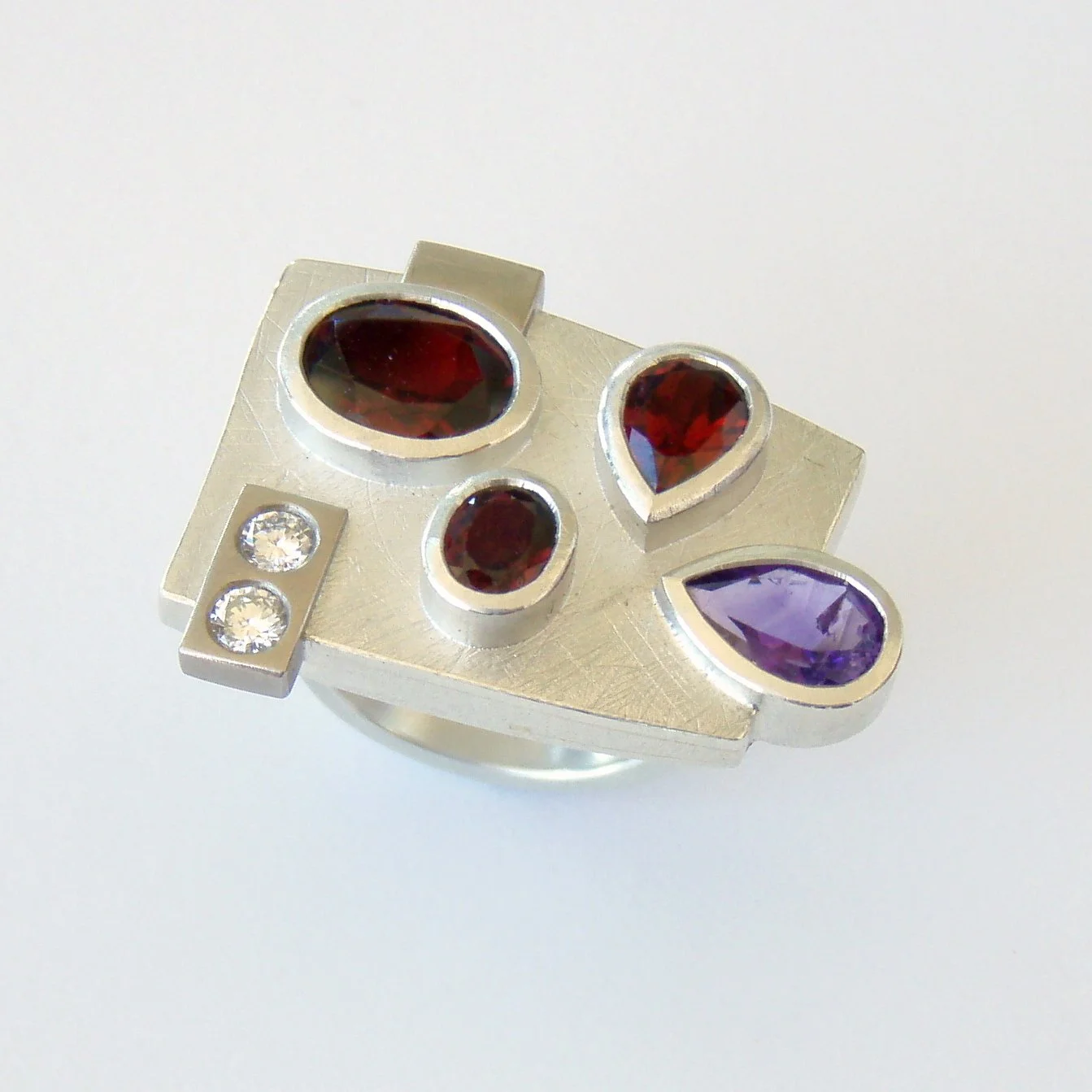 Ring remake sterling silver, diamonds, amethyst, garnets
