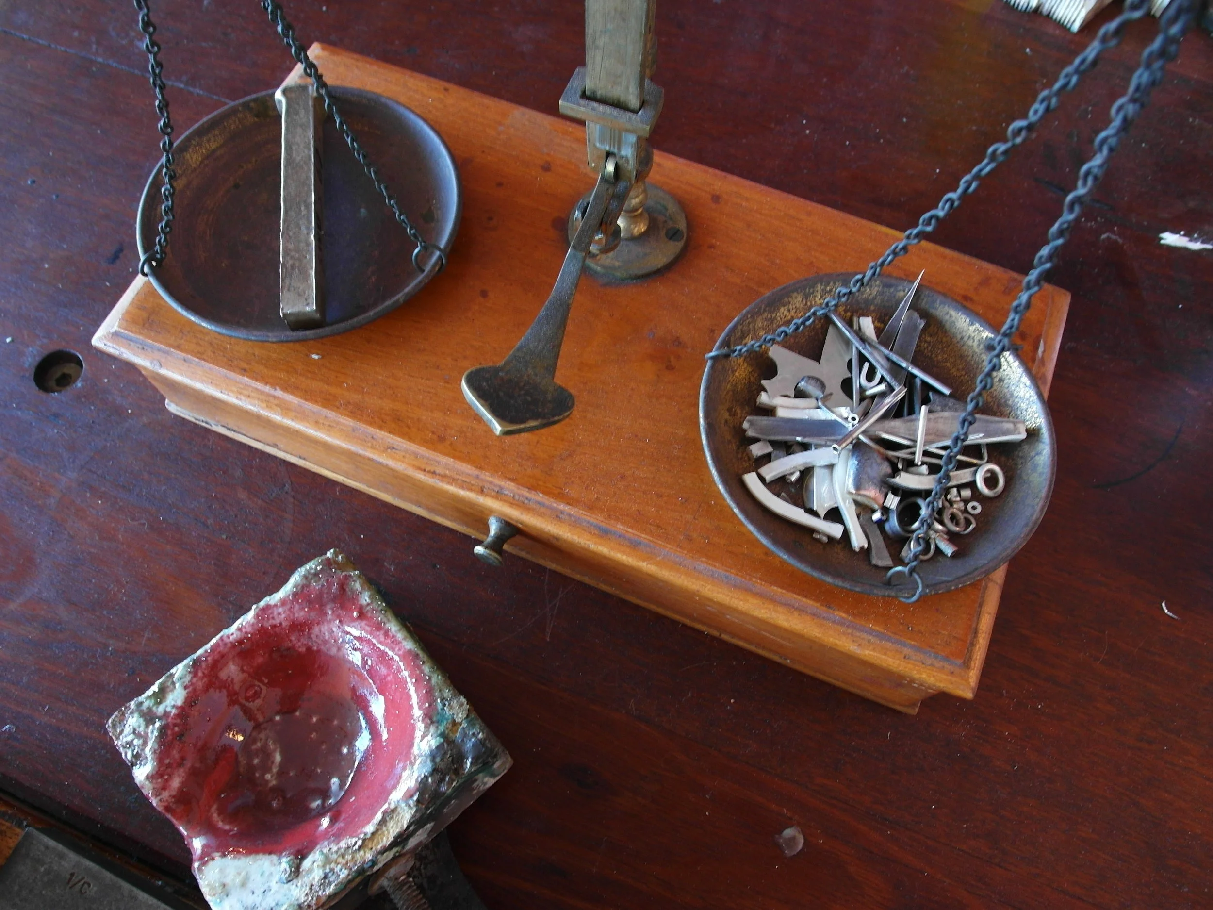  Here scrap 925 sterling silver is weighed for melting and casting into an ingot. 