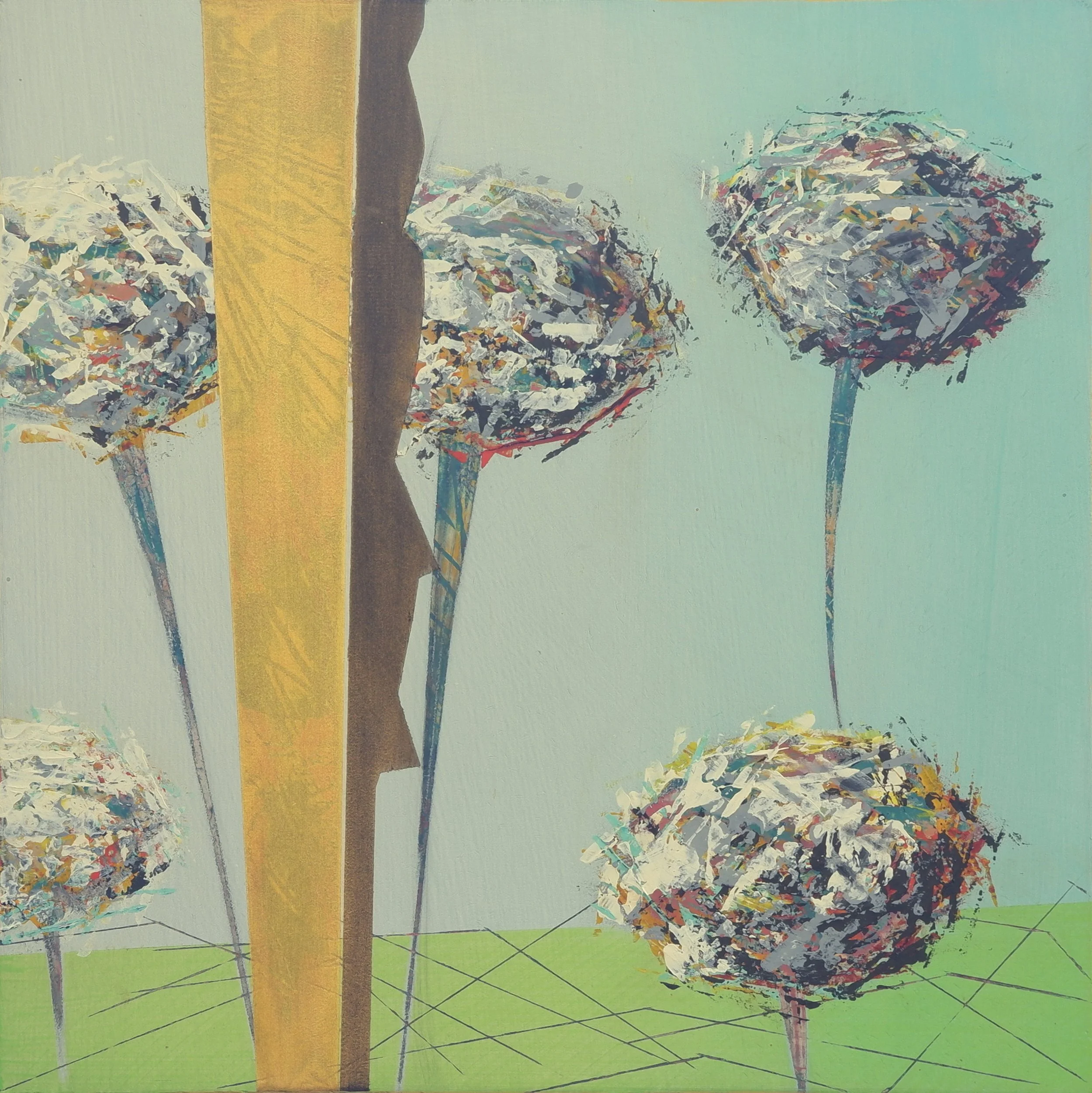 'golden trails #9', acrylic on canvas on composite panel, 24 x 24cm, 2025. $450