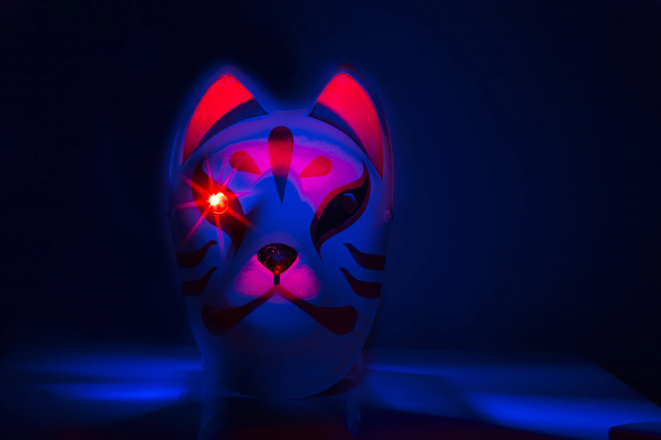  Camera Setup: With all the lights off, I start light painting with my flashlight's two different color: :red and blue.&nbsp; During the 15 seconds slow shutter speed, I pointed the red light at the mask from below and also behind through the left ey