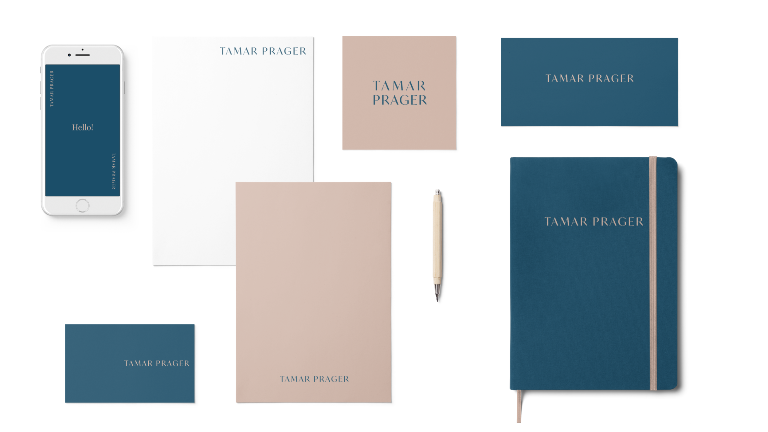 Branding Pack of Business cards, A4 papers, pen, notebook and mobile templates for a Tamar Prager - a coach from New York - design made by Visuable.