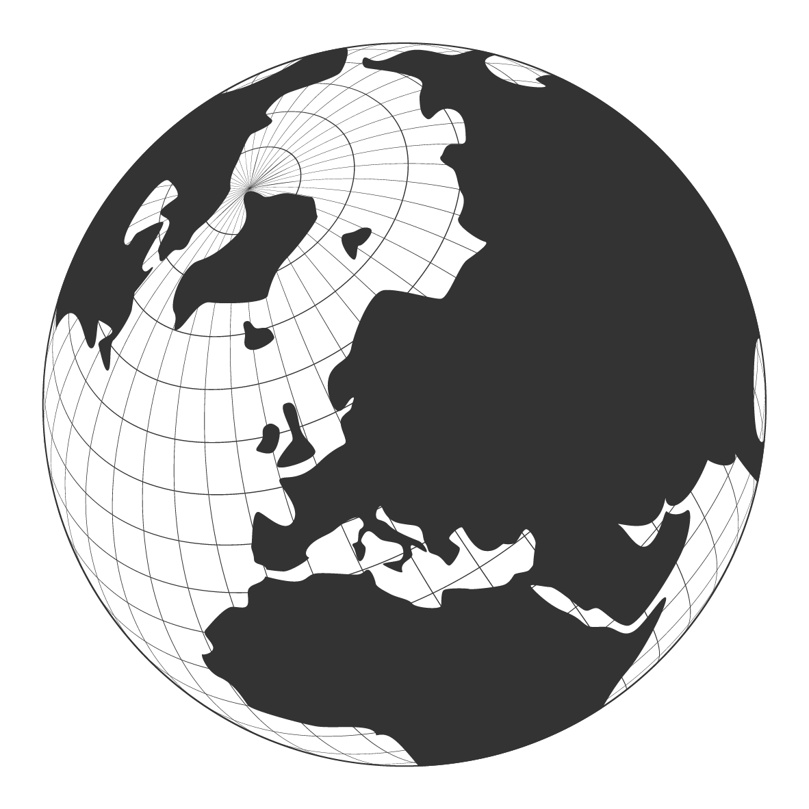 A black and gray digital rendering of the Earth showing Europe, Africa, and parts of Asia and the Middle East, with grid lines indicating latitude and longitude.