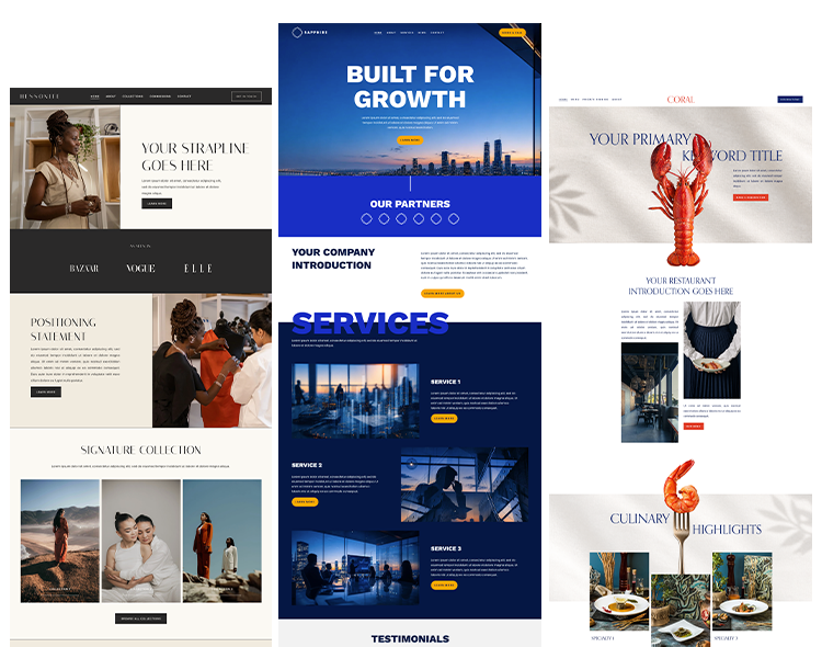 Screenshots of three different websites, each featuring various images and text related to fashion, beauty, health, community, and business topics.
