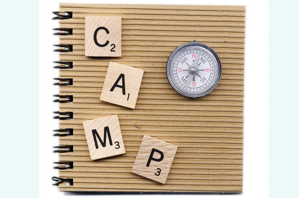 Old game pieces from a Scrabble set were used to spell out C A M P, then a compass was glued to the journal front.