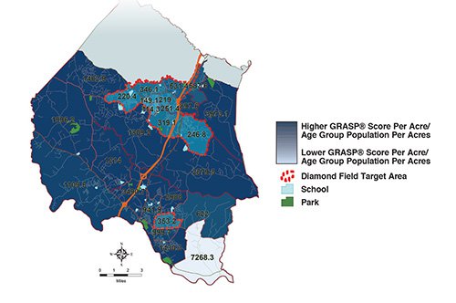 By combining demographic data with ballfield locations and scoring data, target areas were revealed, shown outlined in red on this map. These parts of Stafford County are most in need of field improvements or additional fields to serve youth populations.