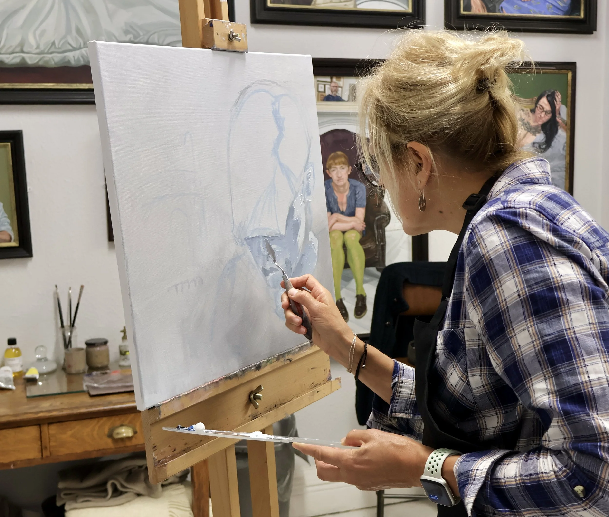 Artist Claire Paterson working in Richard Kitson’s studio
