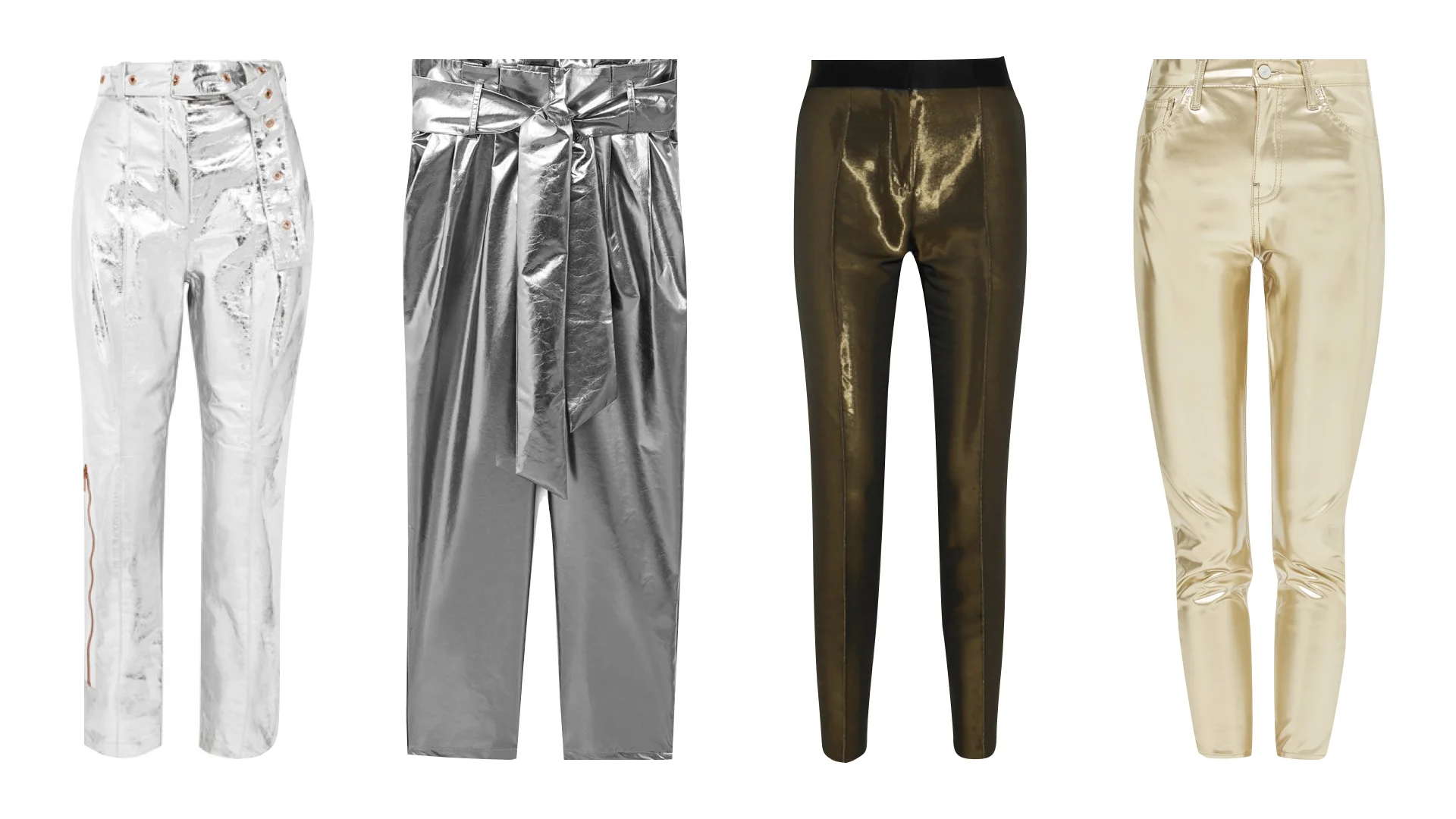 Streetstyle images via Pinterest & product from left to right: Proenza Schouler metallic leather straight leg trousers / Mango high waisted metallic trousers / Pallas metallic crepe tuxedo trousers / Topshop gold vinyl jamie jeans