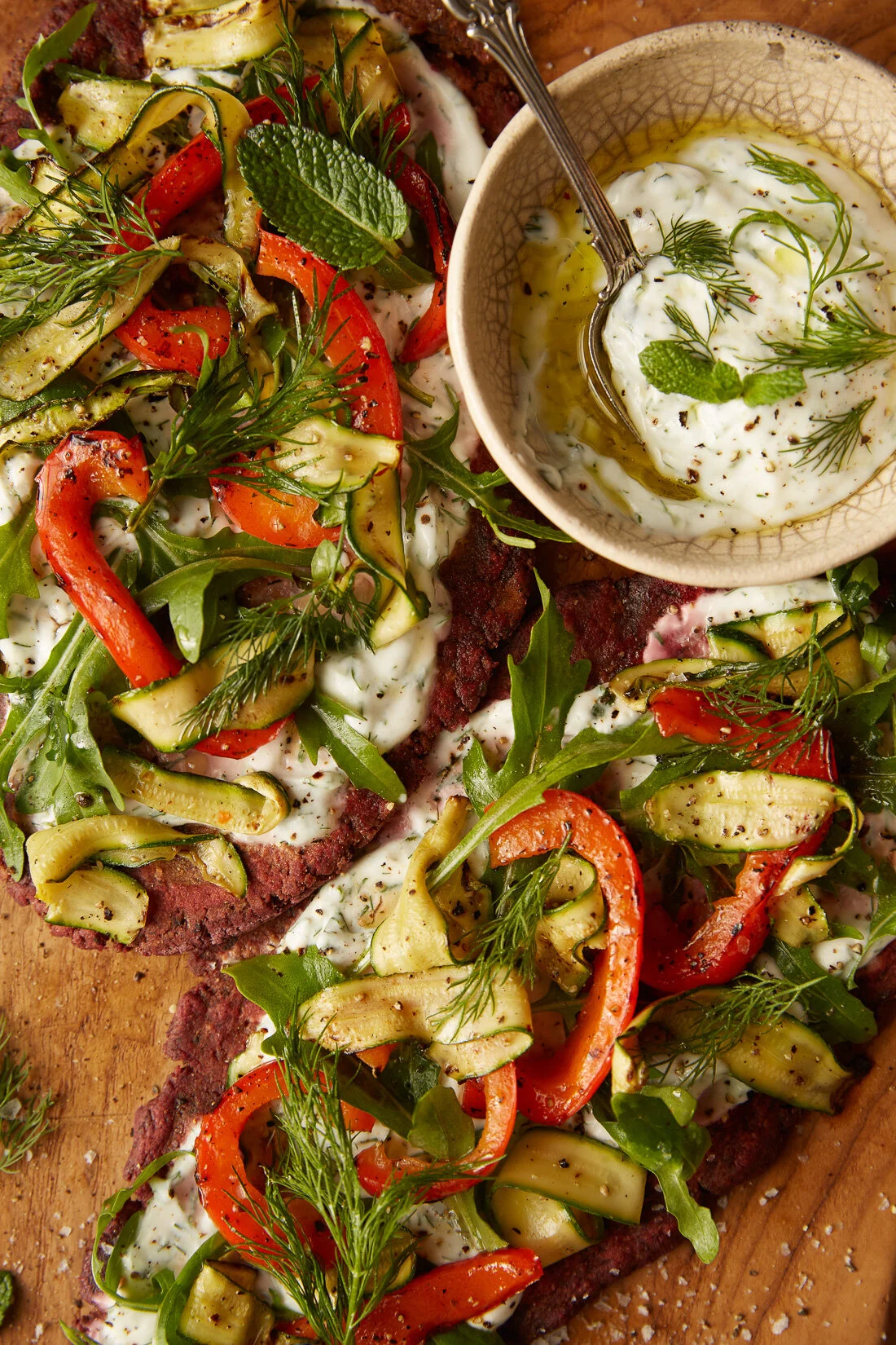 Grilled vegetable and beetroot flatbread