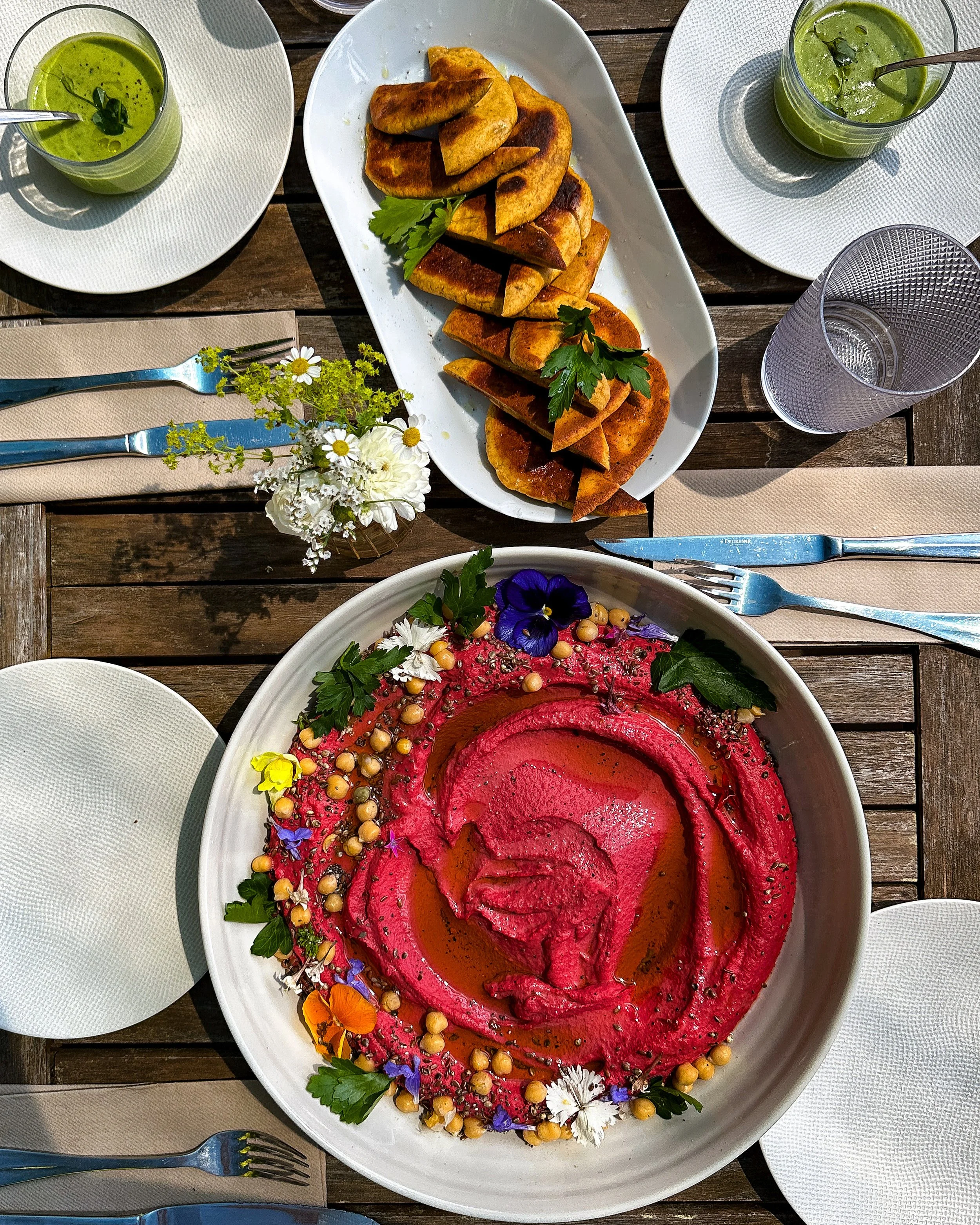 Beetroot hummus sharing platter on plant based retreat
