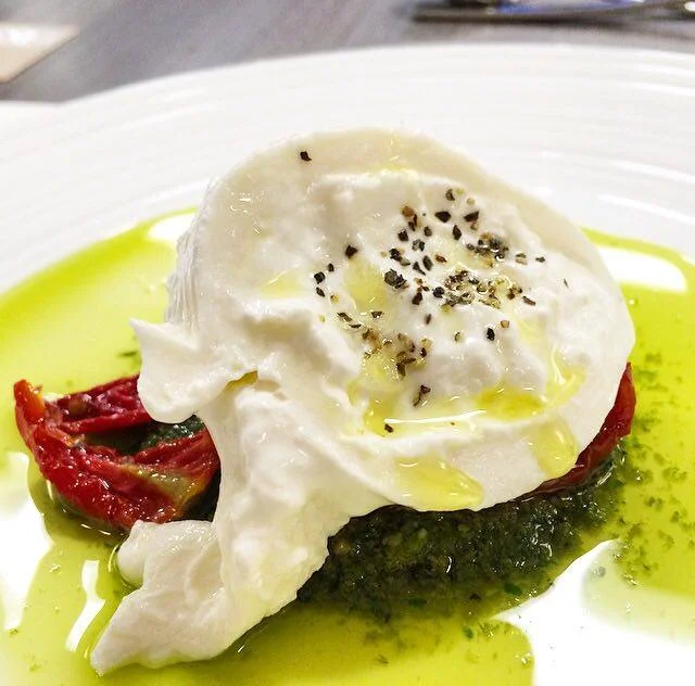 Slow Roasted Tomato & Burrata Salad with Cerignola Olive Pesto
