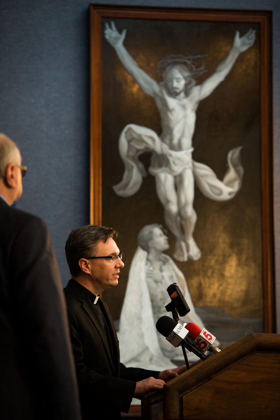 The Rev. Christopher Esget, pastor of Immanuel Evangelical-Lutheran Church in Alexandria, Va., speaks at a press conference with fellow members of the LCMS Sanctity of Life Committee, in light of the recent undercover video regarding Planned Parenthood, on Thursday, July 16, 2015, at the International Center of The Lutheran Church�Missouri Synod. LCMS Communications/Erik M. Lunsford