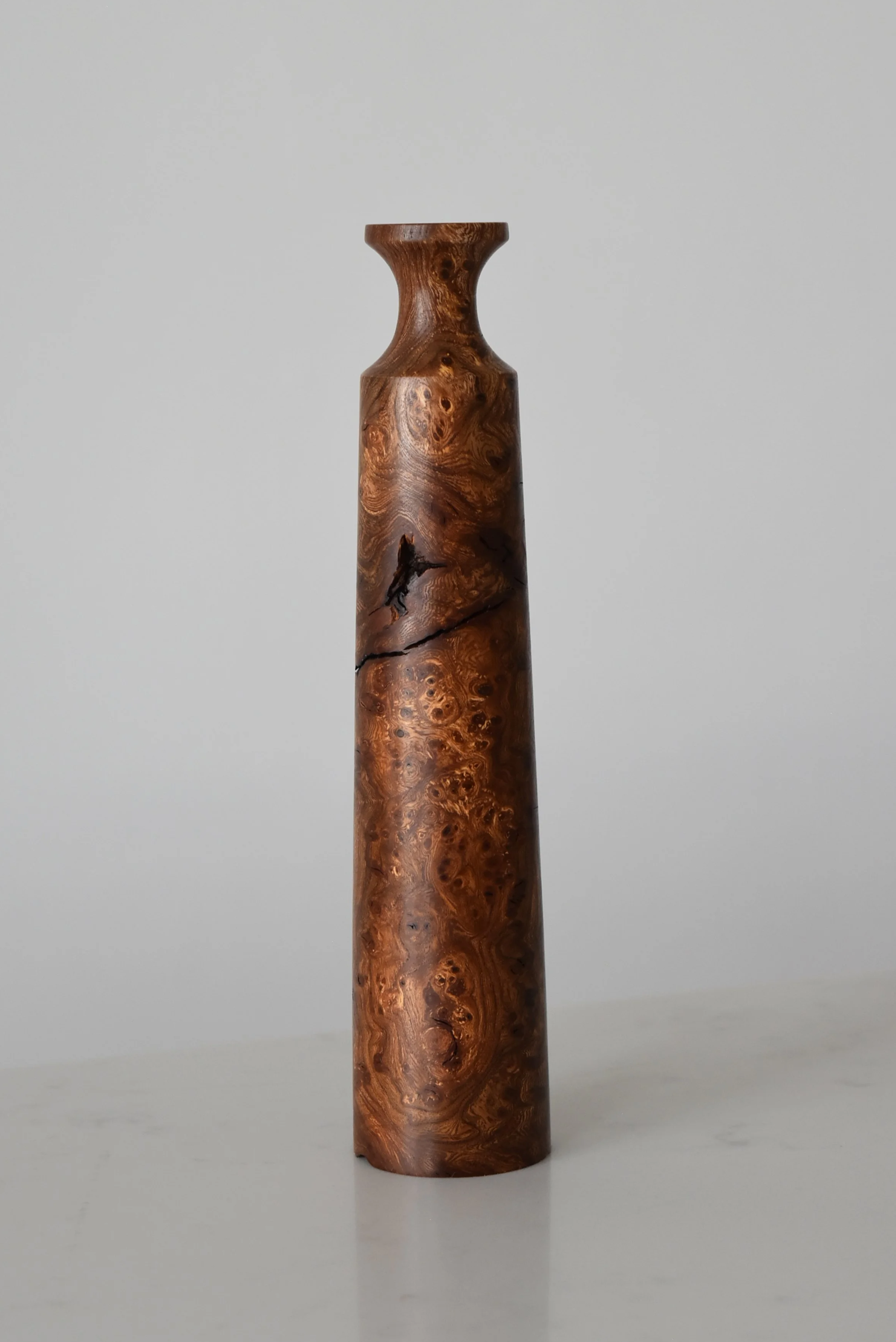 Tall Bobbin Vase in Burr Elm