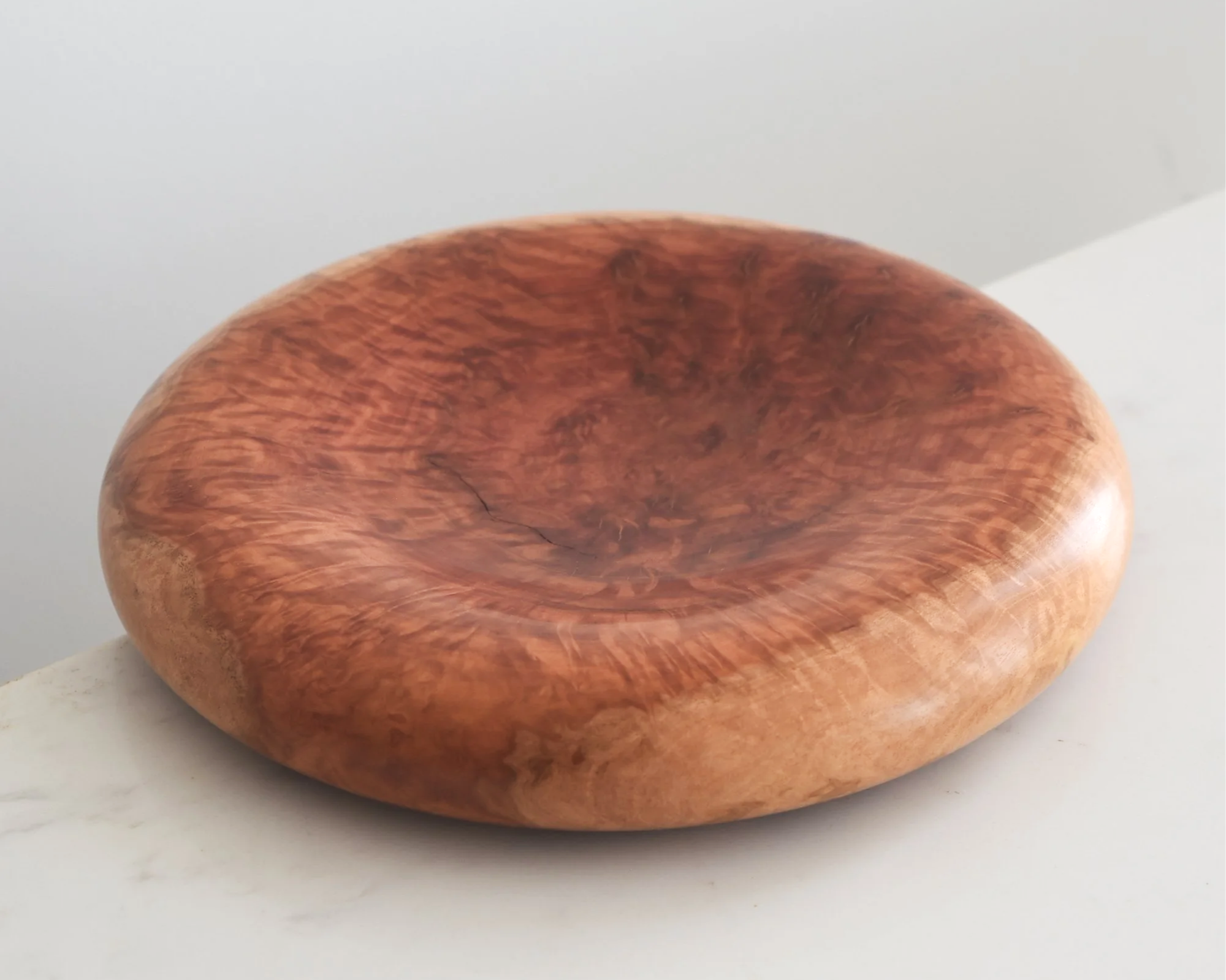 Flat Medium Pillow Plate in Red Mallee, close-up of natural wood grain, handmade by Bird & Branch