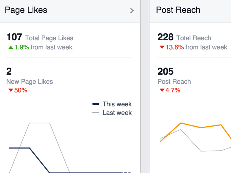 This week's Facebook stats compared to last week's. For instance, this week LNS had 2 new page likes compared to 4 from last week.