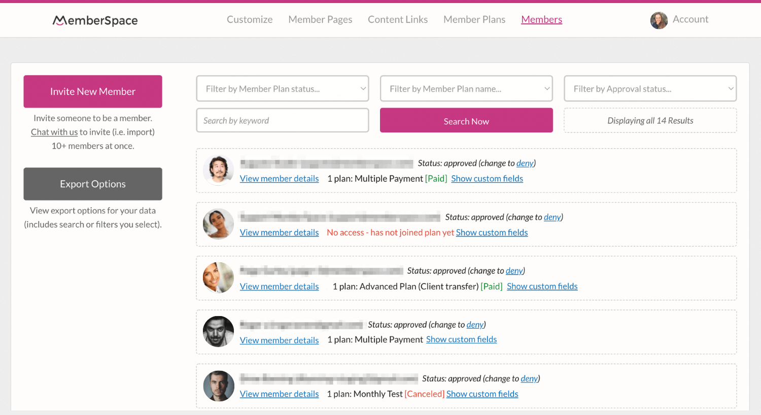 MemberSpace dashboard screenshot for managing members on a Squarespace membership site