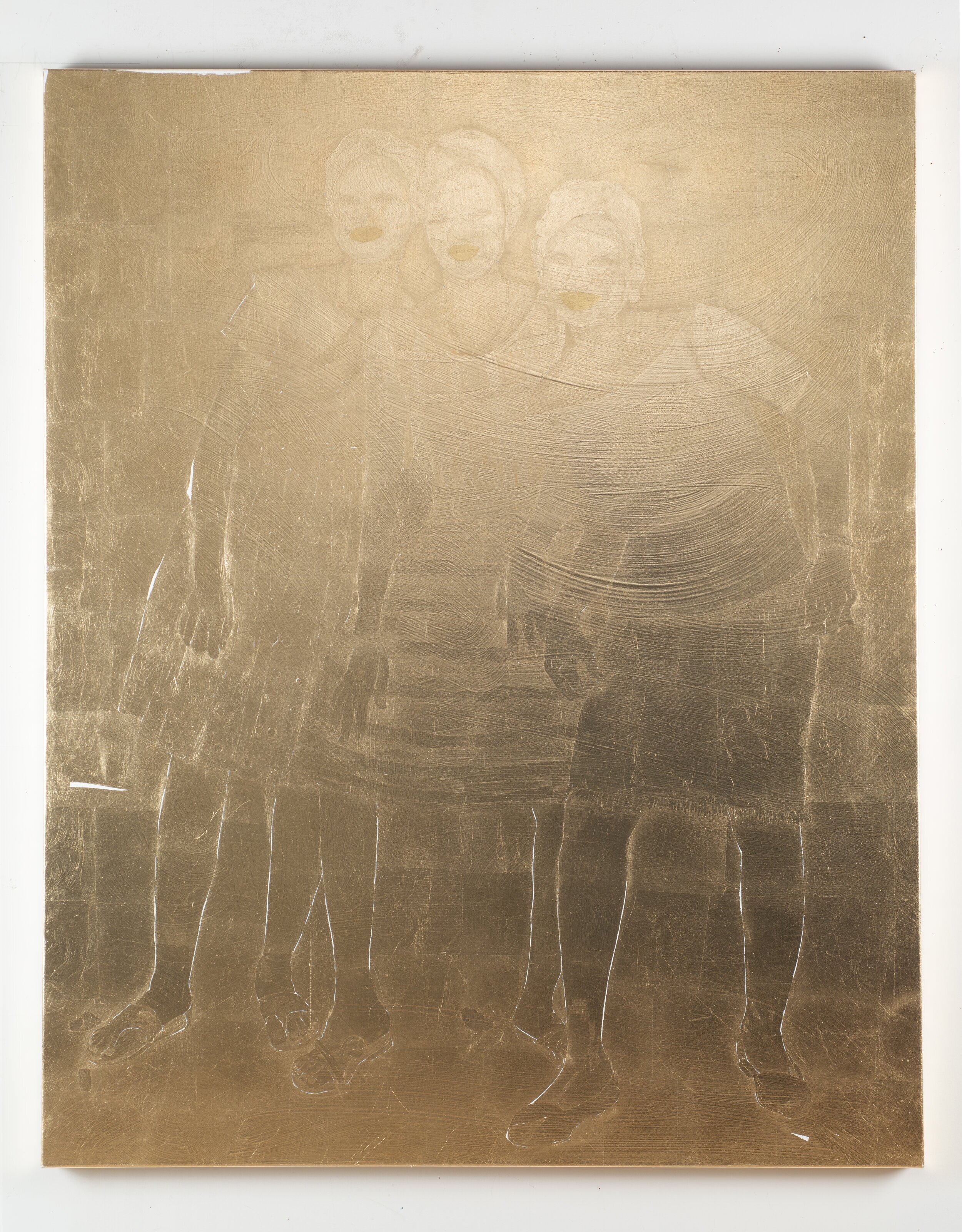   Untitled (Three Friends Smiling and Striking a Pose),  2021, 22-karat and composition gold leaf on canvas, 60 x 48 inches 