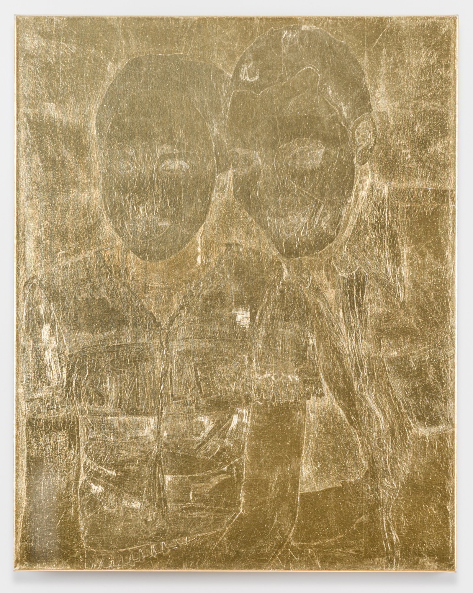   SMILING ANYHOW (for M. S.),  1970/2021, 30 x 24 inches, composition gold leaf on canvas 