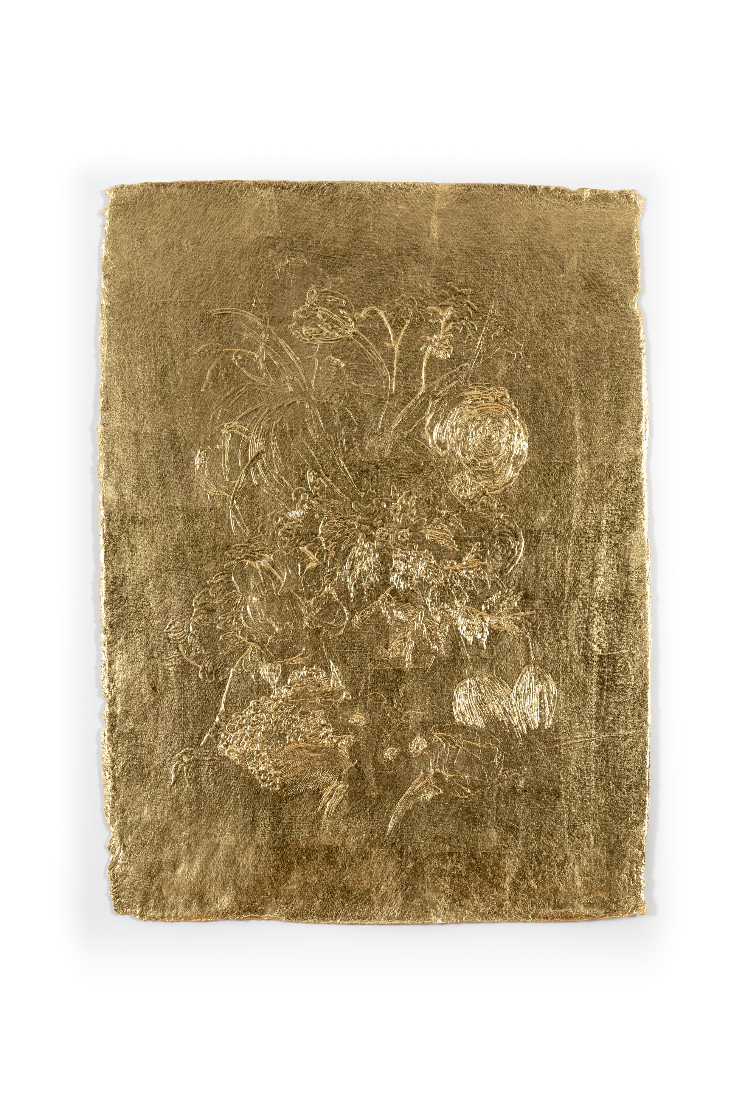   Untitled (Floral Relief 1828),  2022, 22-karat gold leaf on handmade paper, 30 x 22 inches 