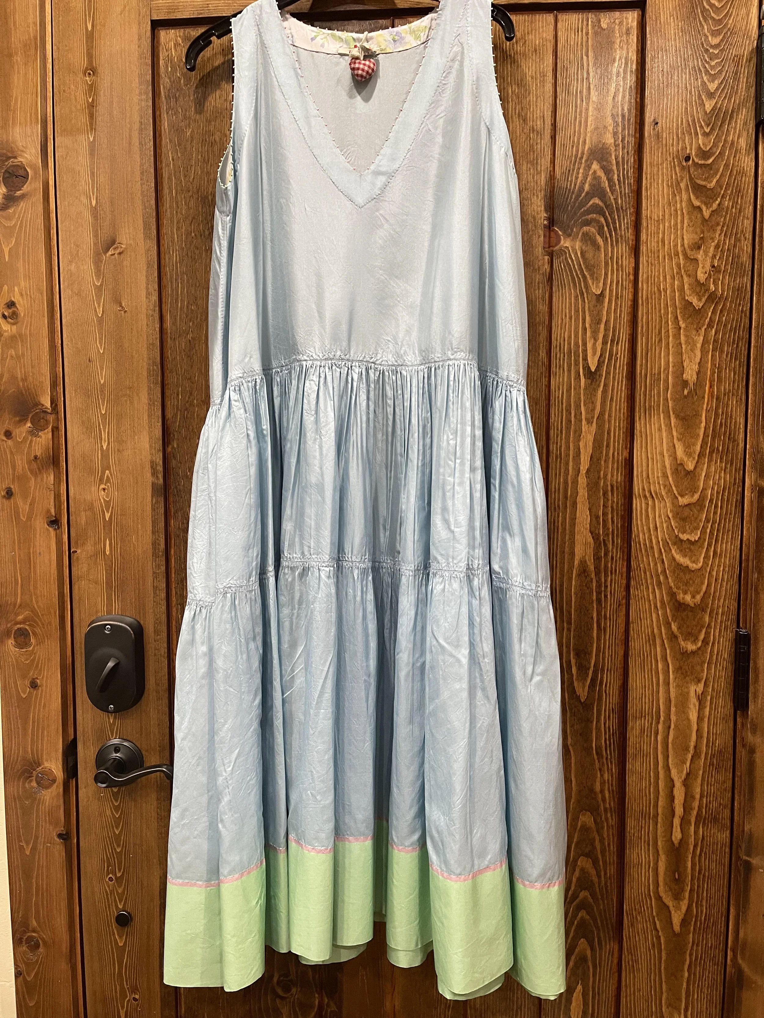Blue Ruffle Dress with Green Trim
