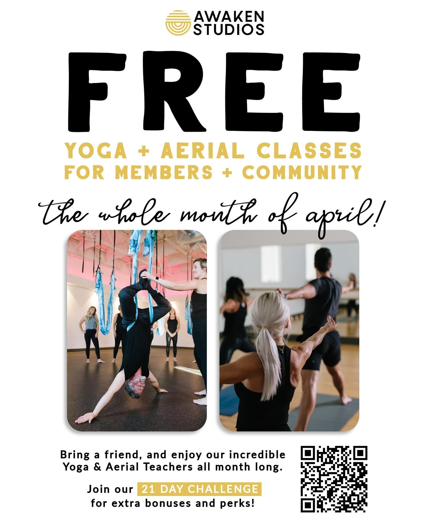 Our Awaken &amp; Refine
Mini Challenge Begins APRIL 1st!
 
You DID read that correctly. The whole month of April FREE to anyone that wants to join any of our incredible Yoga &amp; Aerial Fitness Classes! In Addition, Join the 21 day challenge and exp