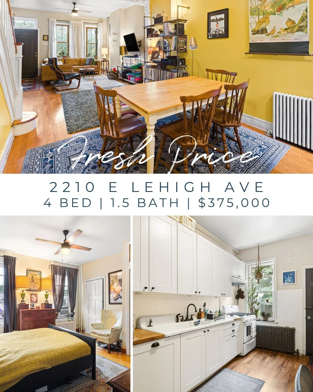 It's the weekend. Get your OPEN HOUSE on! 

SAT 9/19 
11-1p
2210 E Lehigh Ave
4 🛏️ | 1.5 🛁
$375,000
💕: FRESH PRICE! This is a home that you can LIVE in. With 3 huge bedrooms (and 1 normal sized), a gorgeous backyard, finished basement. Walkable to