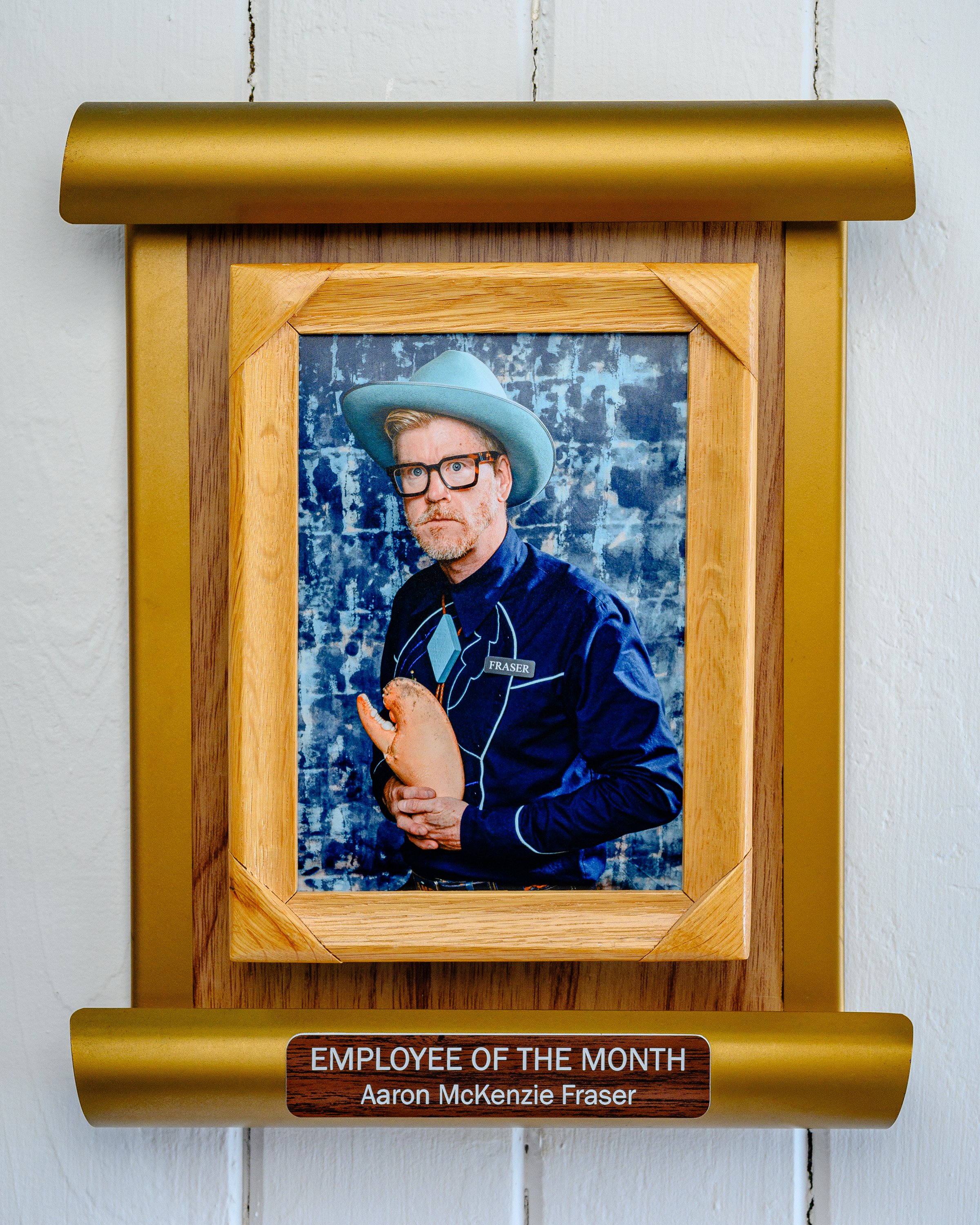 Aaron McKenzie Fraser - Sketch Harbour, Employee of The Month, 1950s Cowboy & Lobster Claw w/ Harbour Water Background, F Studio, Halifax NS