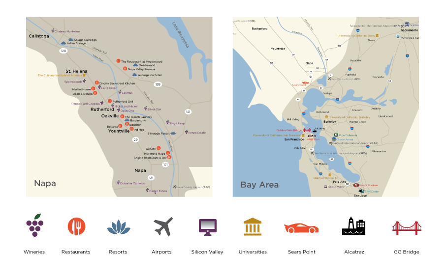 Map and Icon Illustration of Napa Valley + Bay Area