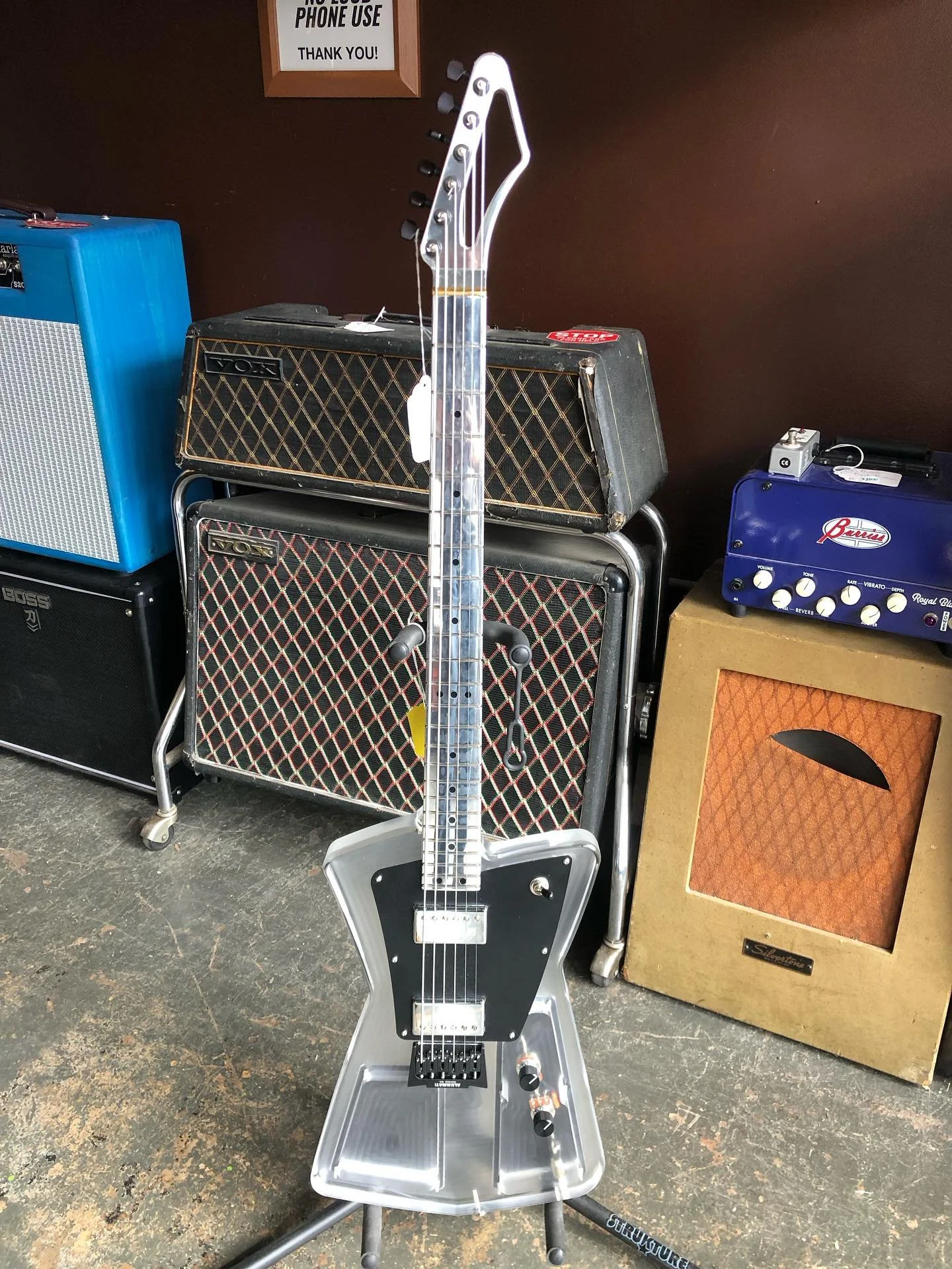 A double dose of @aluminati_guitars just showed up at the shop! Come down and check out the baritone and bass prototype!!!!