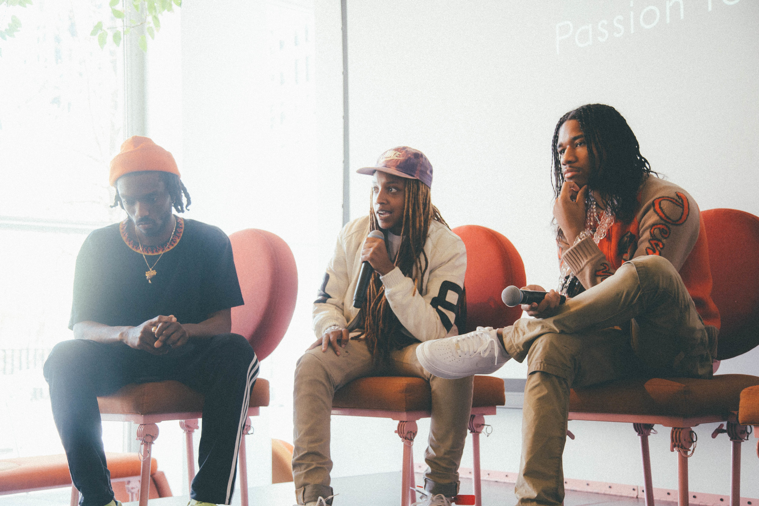  Left to Right: Guest speakers Des Money, Sheila Rashid, and Kristopher Kites participating in an open panel discussion during Passion to Profession: Best Dressed at the Museum of Contemporary Art Chicago. 2019.  photo by: Africanist 