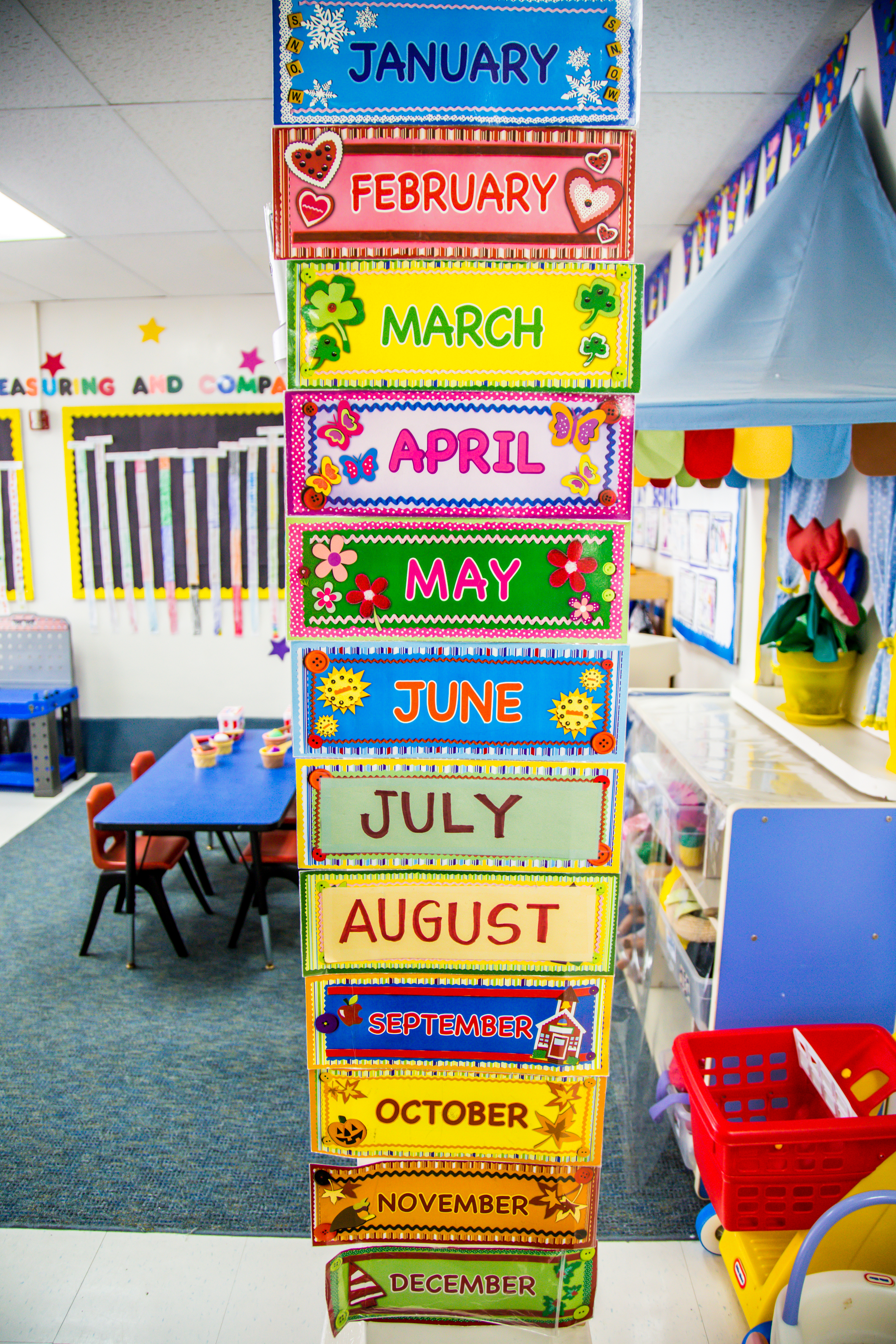 In the Daisy Room, children learn about months and days at calendar time in the morning. 