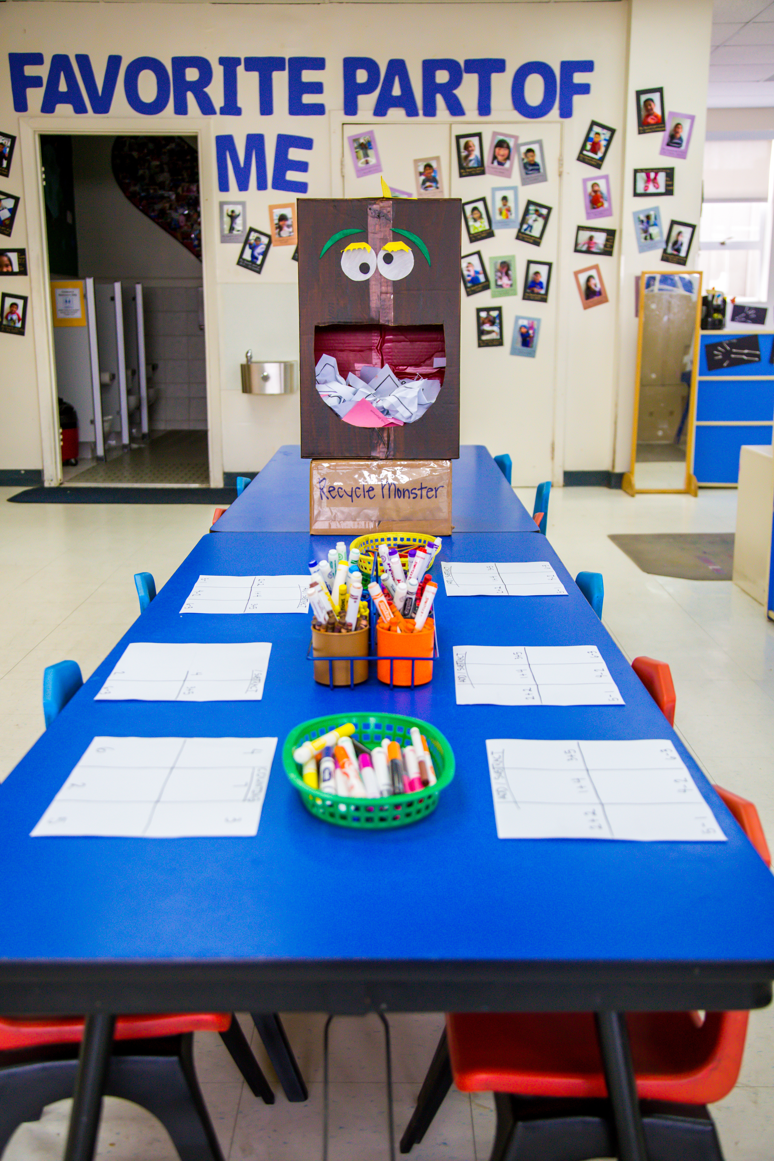 The Sunflower Room's art center, all set up for morning free play time, complete with a friendly "Recycle Monster" to help us care for both our classroom and our earth. 