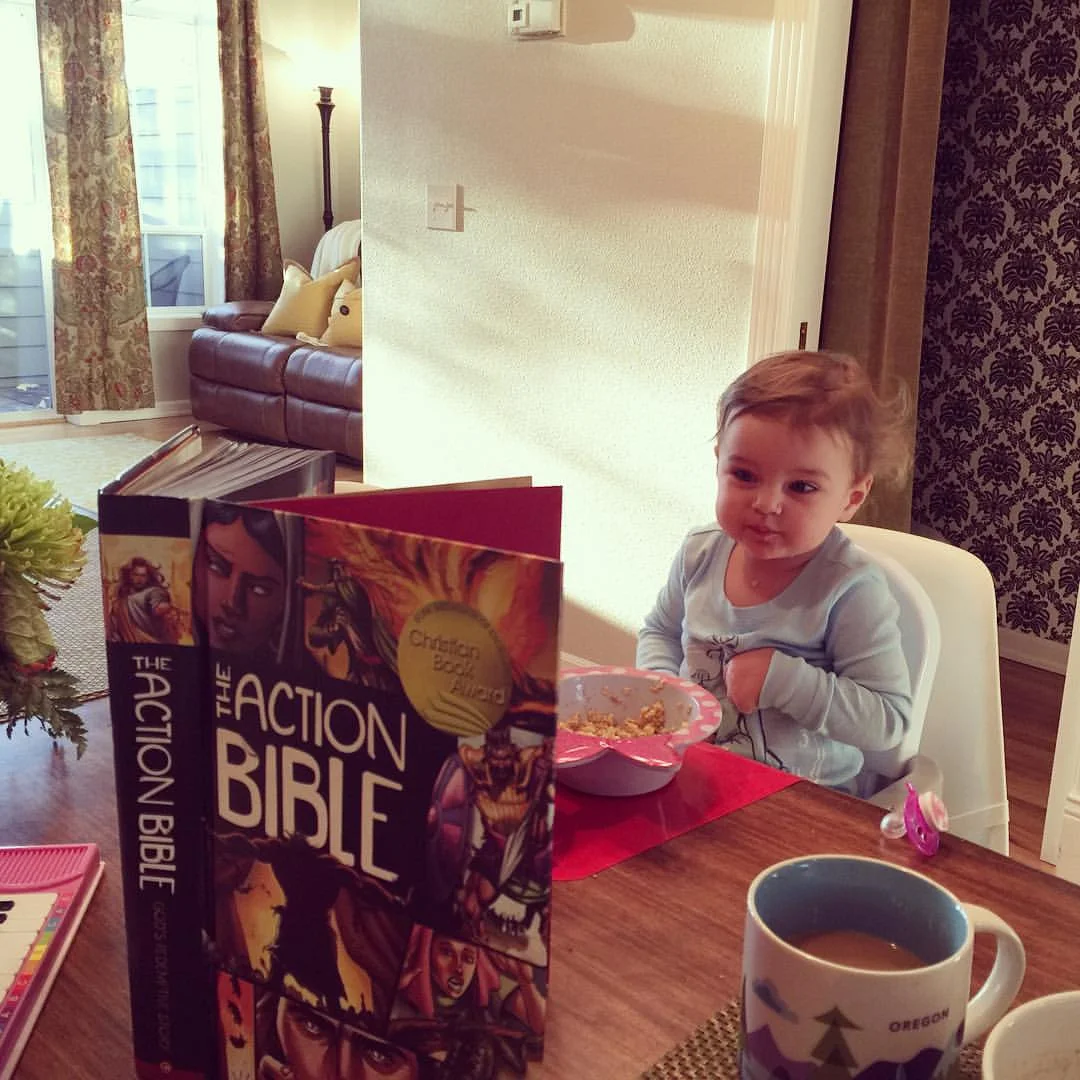 “More Bible please.”
One of my favorite moments ever. I used to look up to guys like Rick Hermann - men who are so good at discipline their kids. I always hoped ππ» I would figure this out.
Valentine usually asks us to get the Bible out at breakfast. Andrea and I will read a few verses together. Today, I grabbed the ACTION BIBLE off the shelf. She was totally engaged. We learned about the Creation, Garden of Eden, and Cain & Abel. When I finished, she wanted more.
Every night, I pray that my daughter will have a “heart that is hungry for God.” So cool to see God is really beginning to develop this in her.
