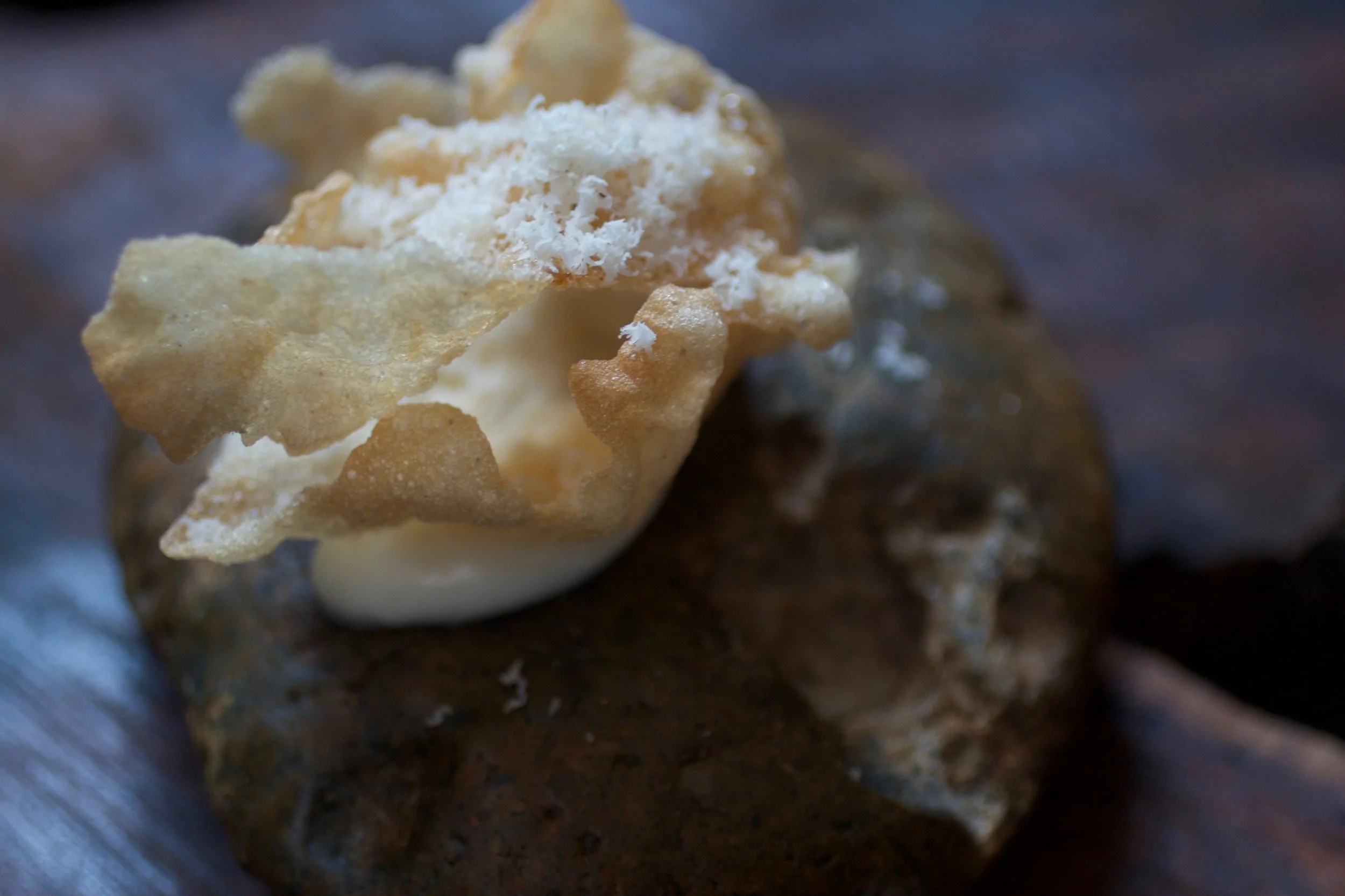 Charred onion chicharrones, onion cream and hazelnut at Six Test Kitchen.