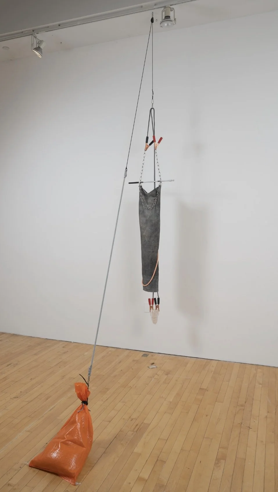 Mining Efficiency, jumper cables, neodymium magnets, digital print on canvas, chain, sand bag, wires, copper, selenite