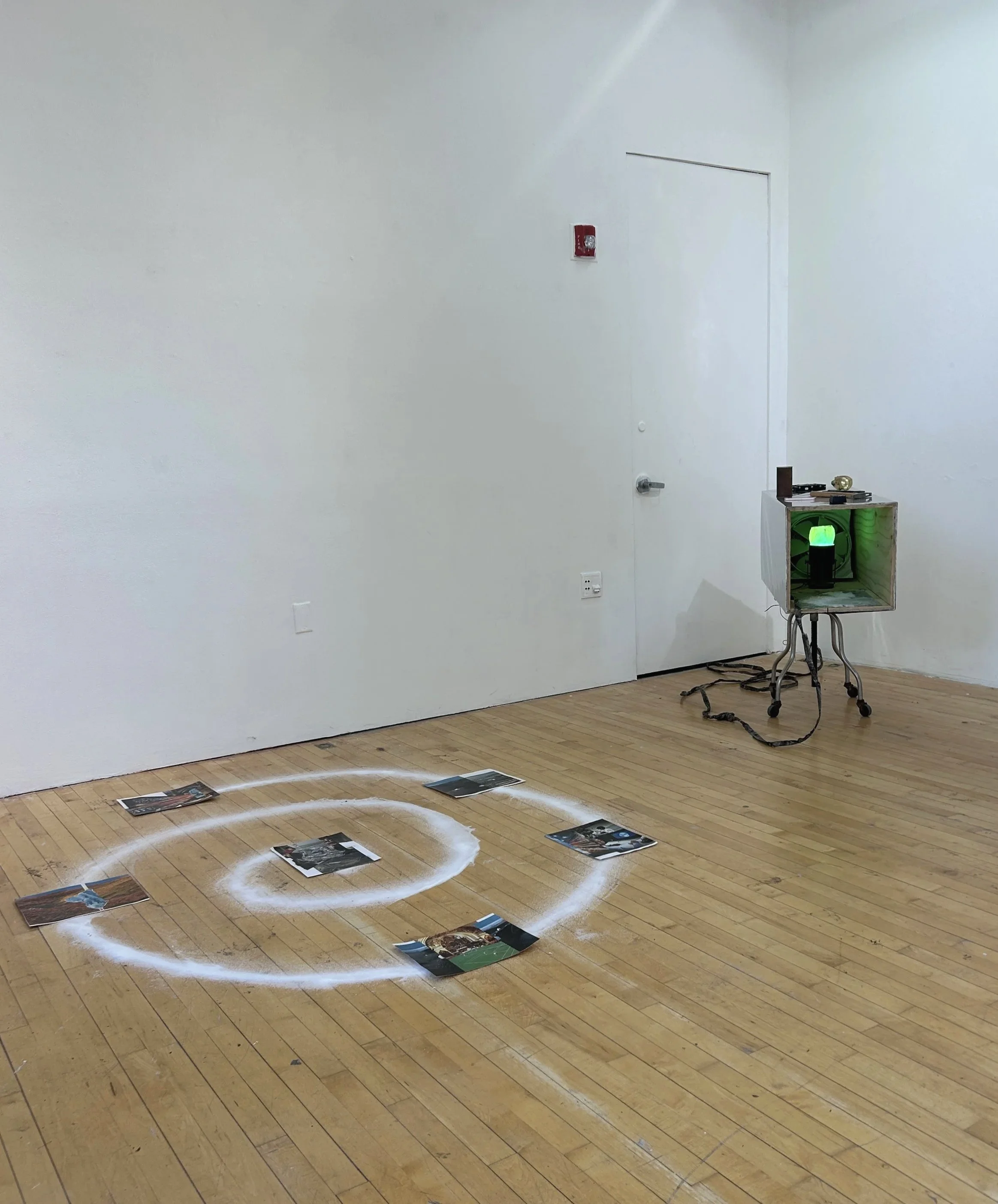 Desired Trajectory, duct tape, pedestal, mirror film, salt, light, ghost detector, hard drive, aluminum, stool