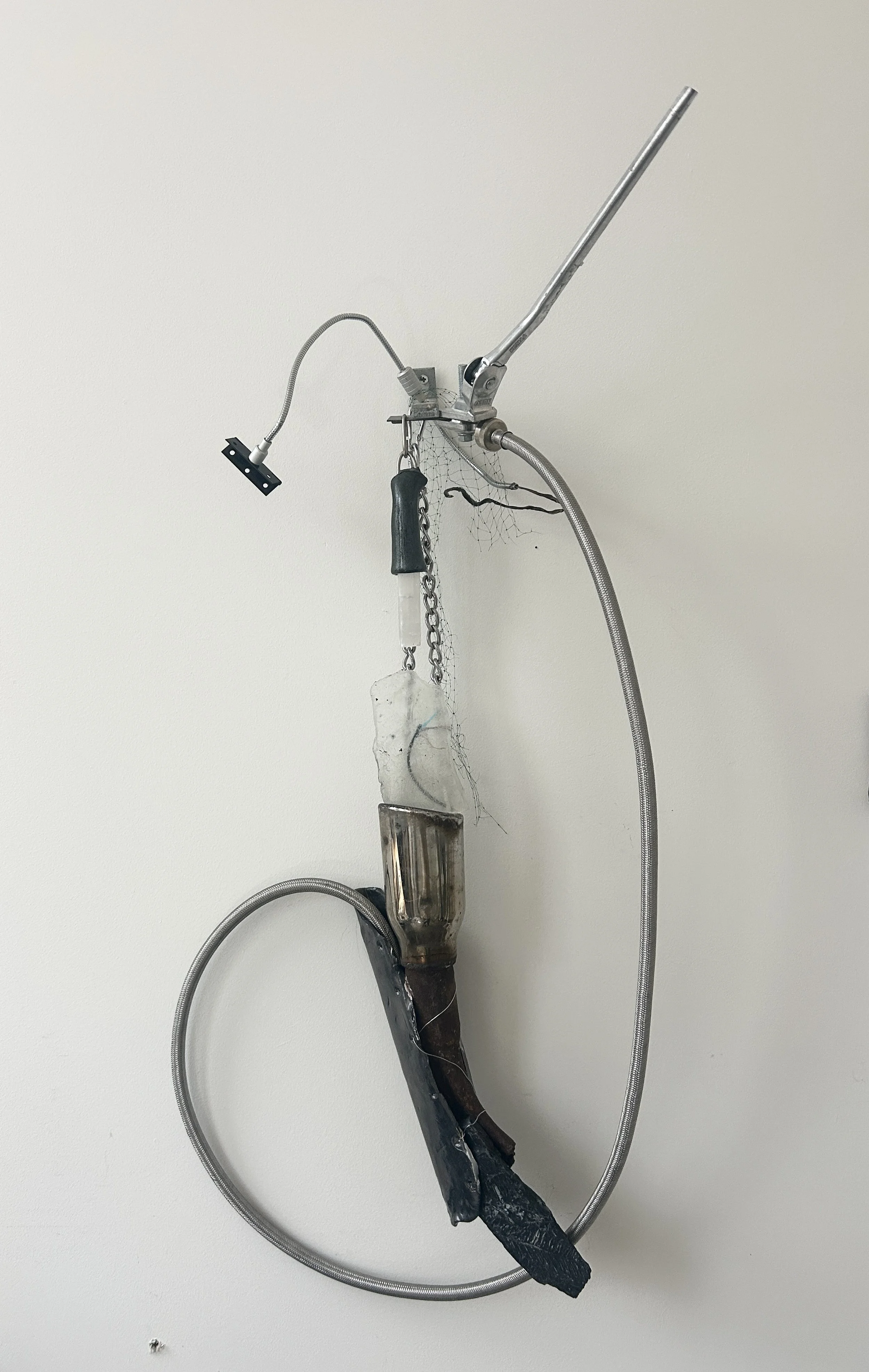 Tailpipe, 2026, resin, fossil, telecommunication cord, rust, tailpipe, snake, hardware, fired glazed ceramic, selenite