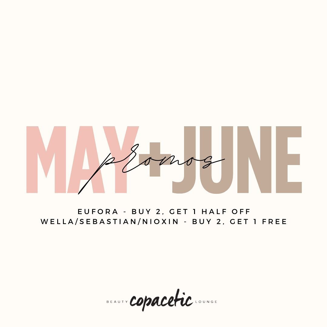 MAY + JUNE RETAIL PROMOS!

Eufora - buy 2, get 1 half off
Wella/Sebastian/nioxin - buy 2, get 1 free

PS. The least expensive item is discounted, no rain checks, no swapping between promos. 

#pittsburgh #pittsburghhairstylist #pghpa