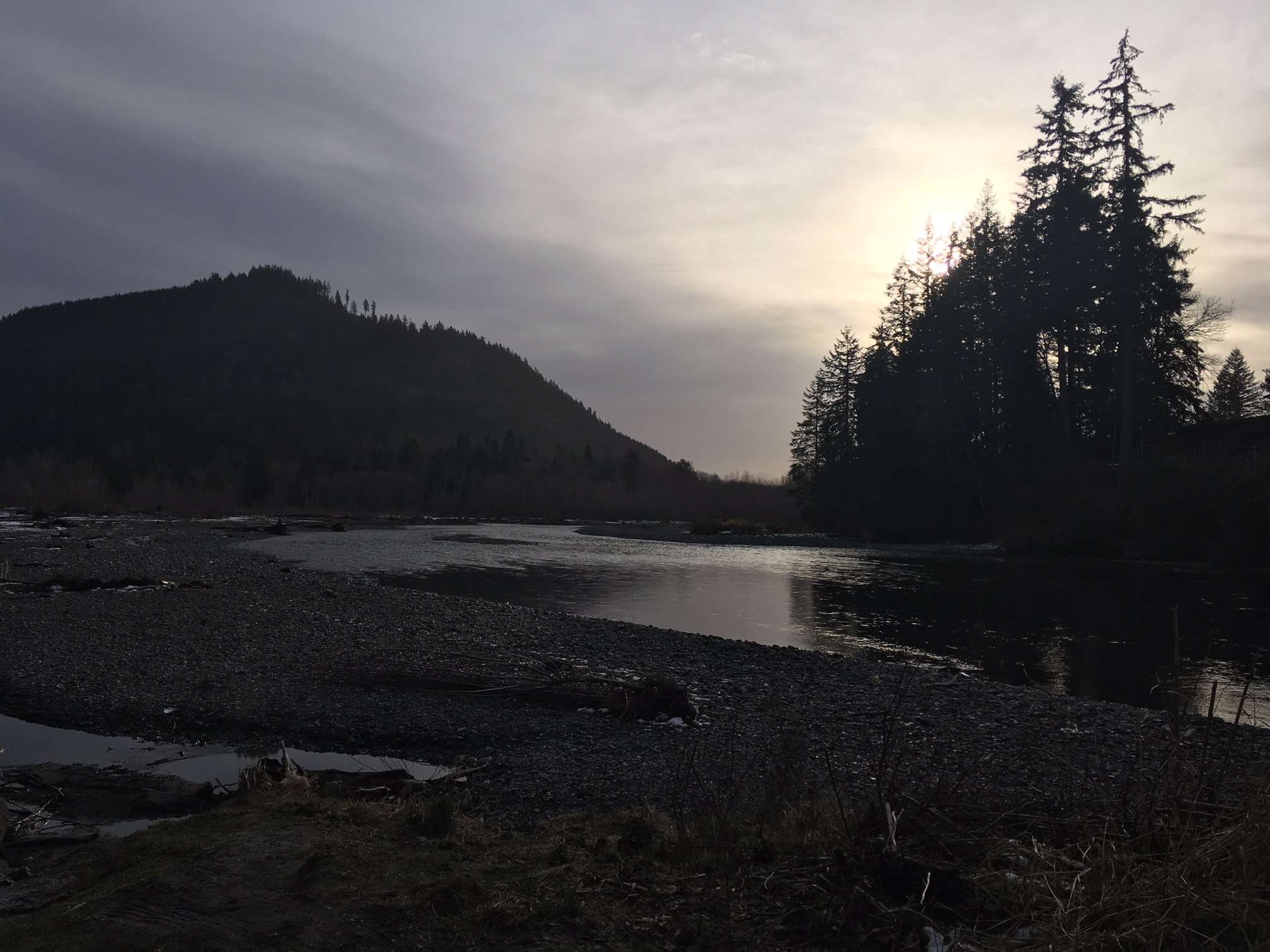 Nooksack River - North Fork and Middle Fork at the Welcome bridge. Taken at 2 PM on the shortest day of the year. Credit: Holly Roger