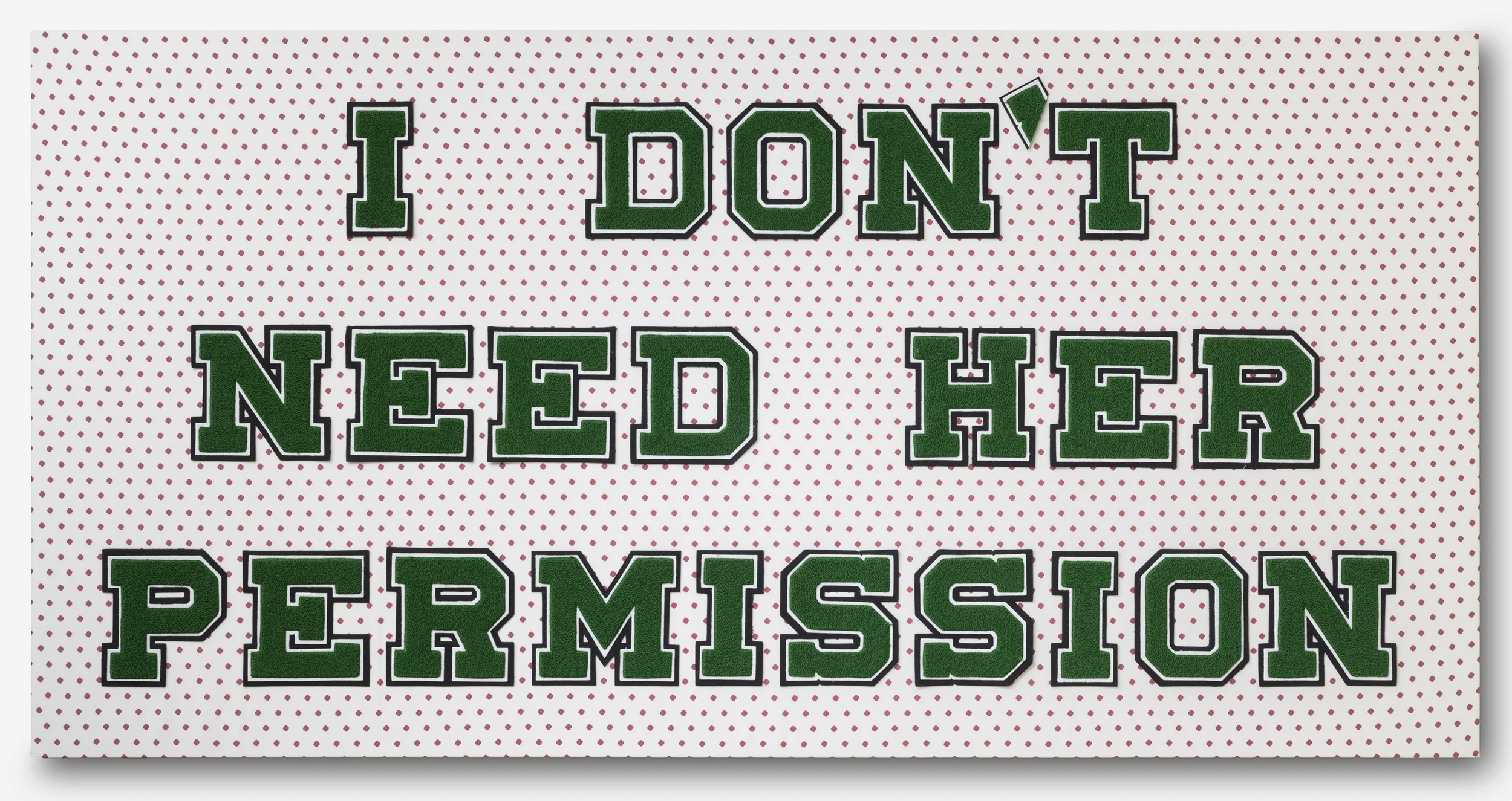 I DON'T NEED HER PERMISSION, 2014, varsity lettering and poppy print (morphine derivative) fabric on canvas, 70 x 36 x 2 inches
