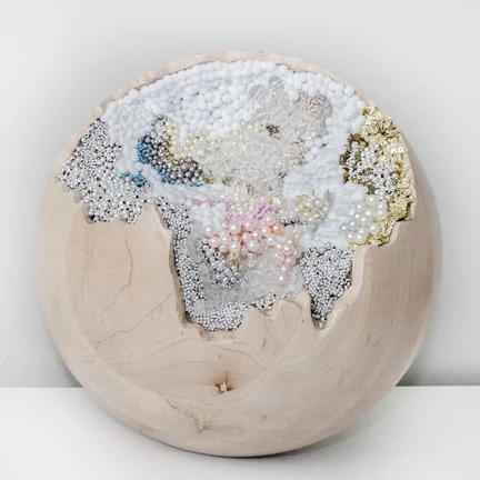 SAGAN DRUYAN 1, 2012, solid maple sphere carved and embedded with hand embroidered beads, pearls, sequins, and poms, 12 x 12 inches
