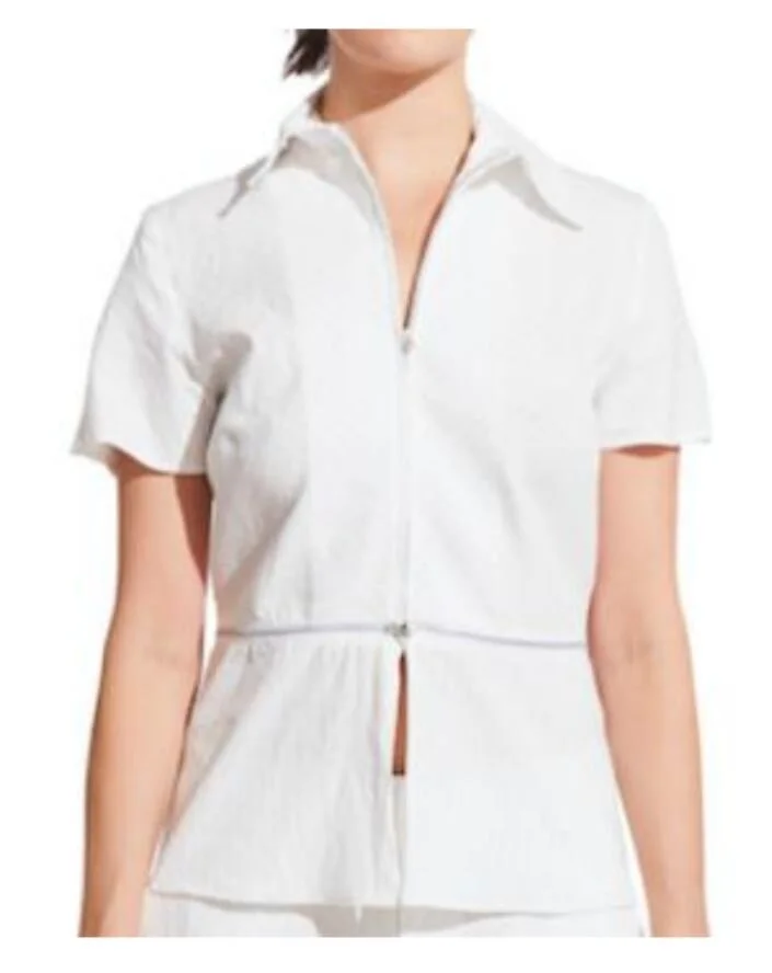 Short sleeve white with thin black stripe top with zippers